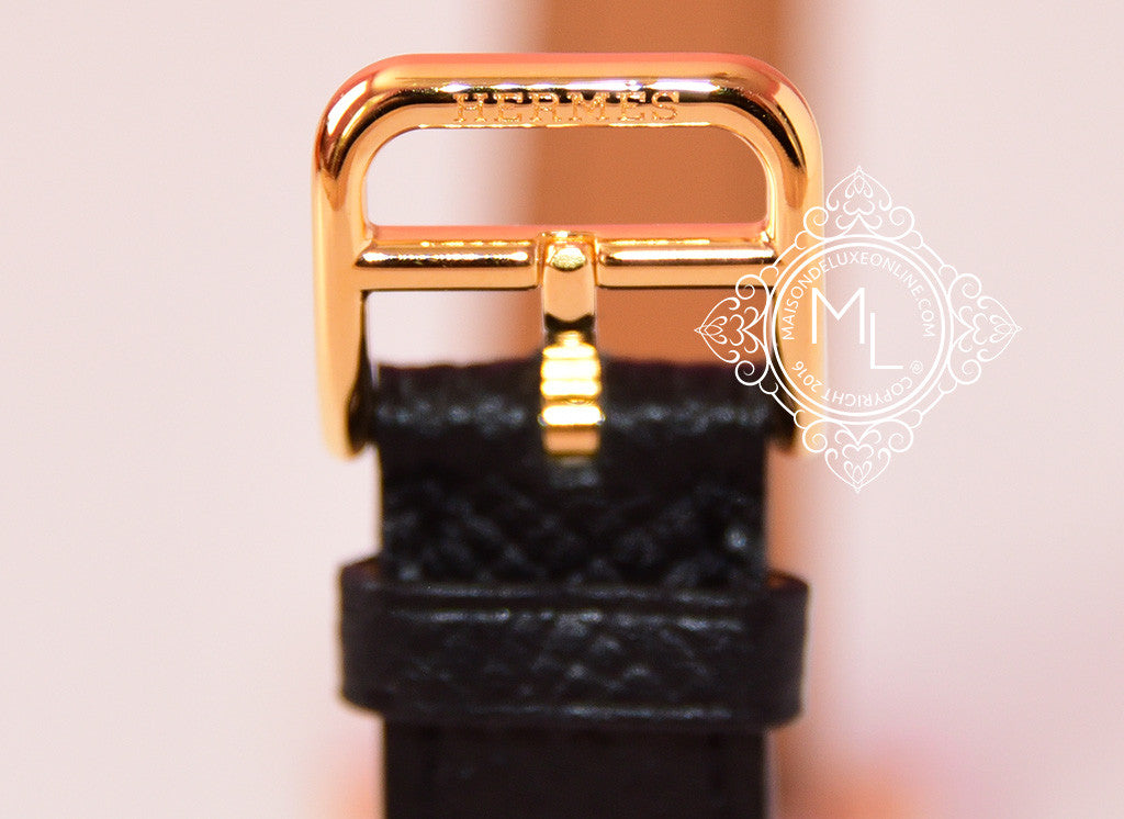 Hermes Gold H Hour Watch with Black Strap Bracelet - Luxury Women's Wristwatch for Business, Evening & Special Occasions
