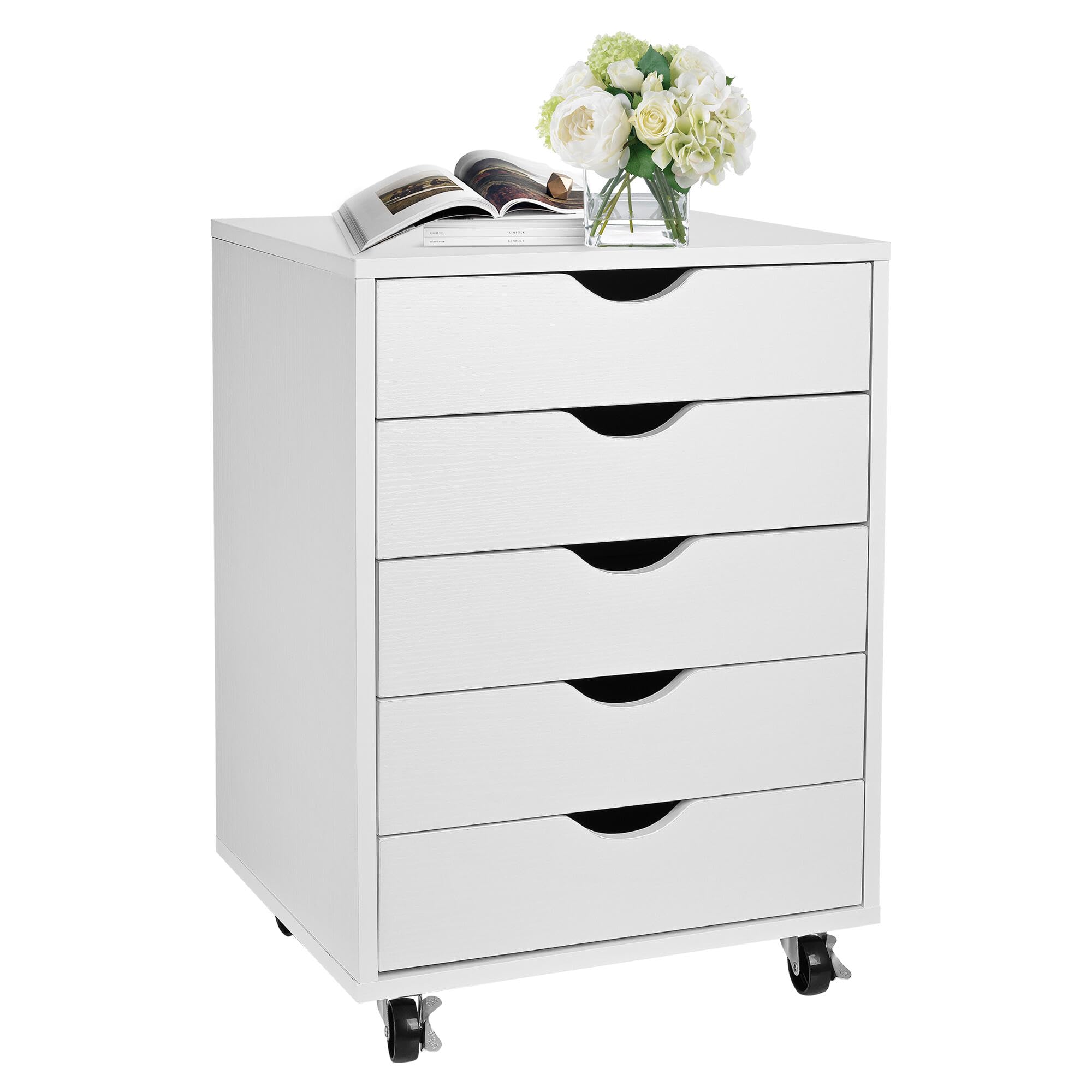5-Drawer Vertical File Cabinet with Wheels - White Moustache Home Office Storage for Files, Folders & A4 Documents | Space-Saving Under Desk Organizer for Small Offices & Workspaces