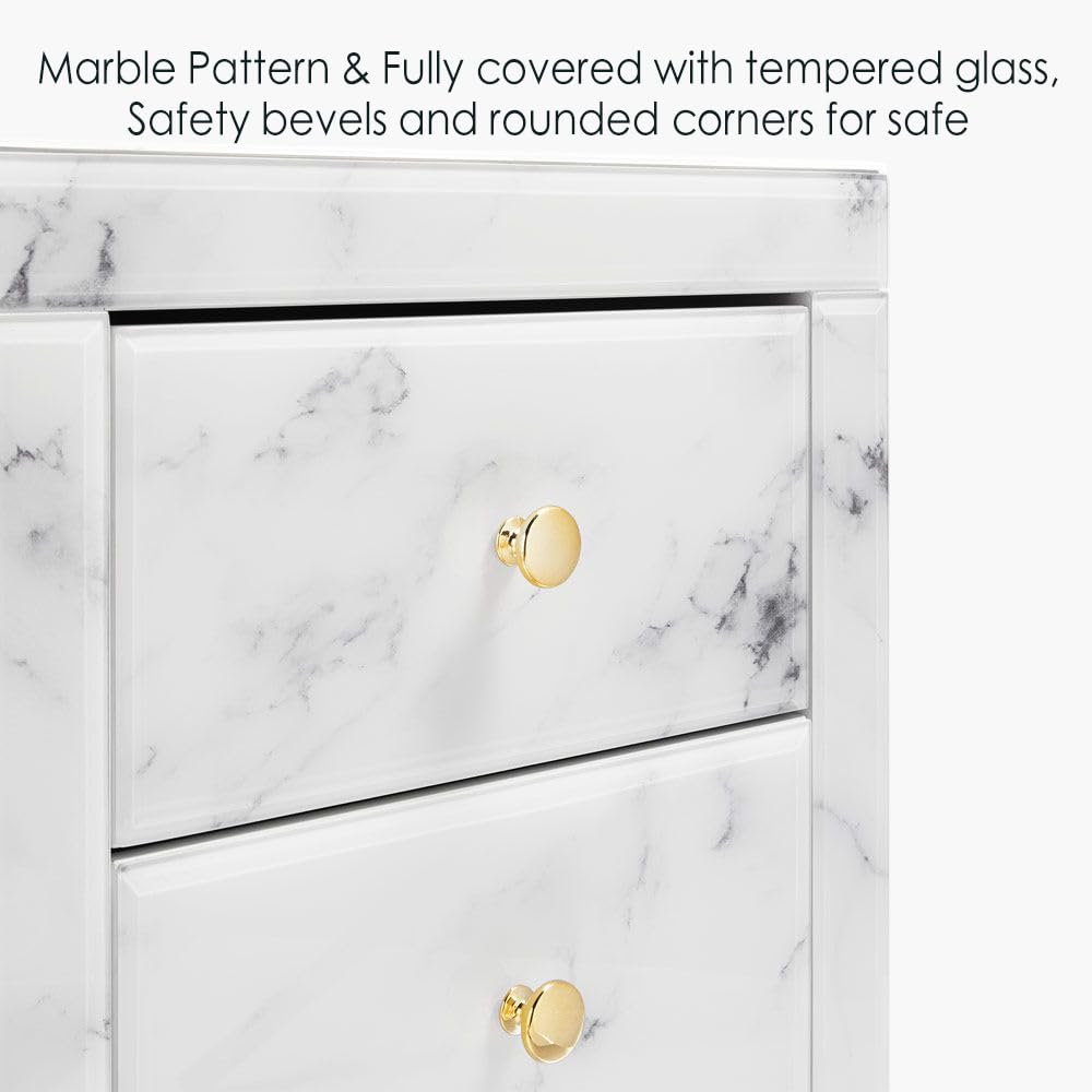 Glass Three-Drawer Nightstand - Stylish White Marble Textured Tempered Glass Bedside Table with Golden Metal Handle | Modern Bedroom Furniture for Small Spaces & Apartment Living