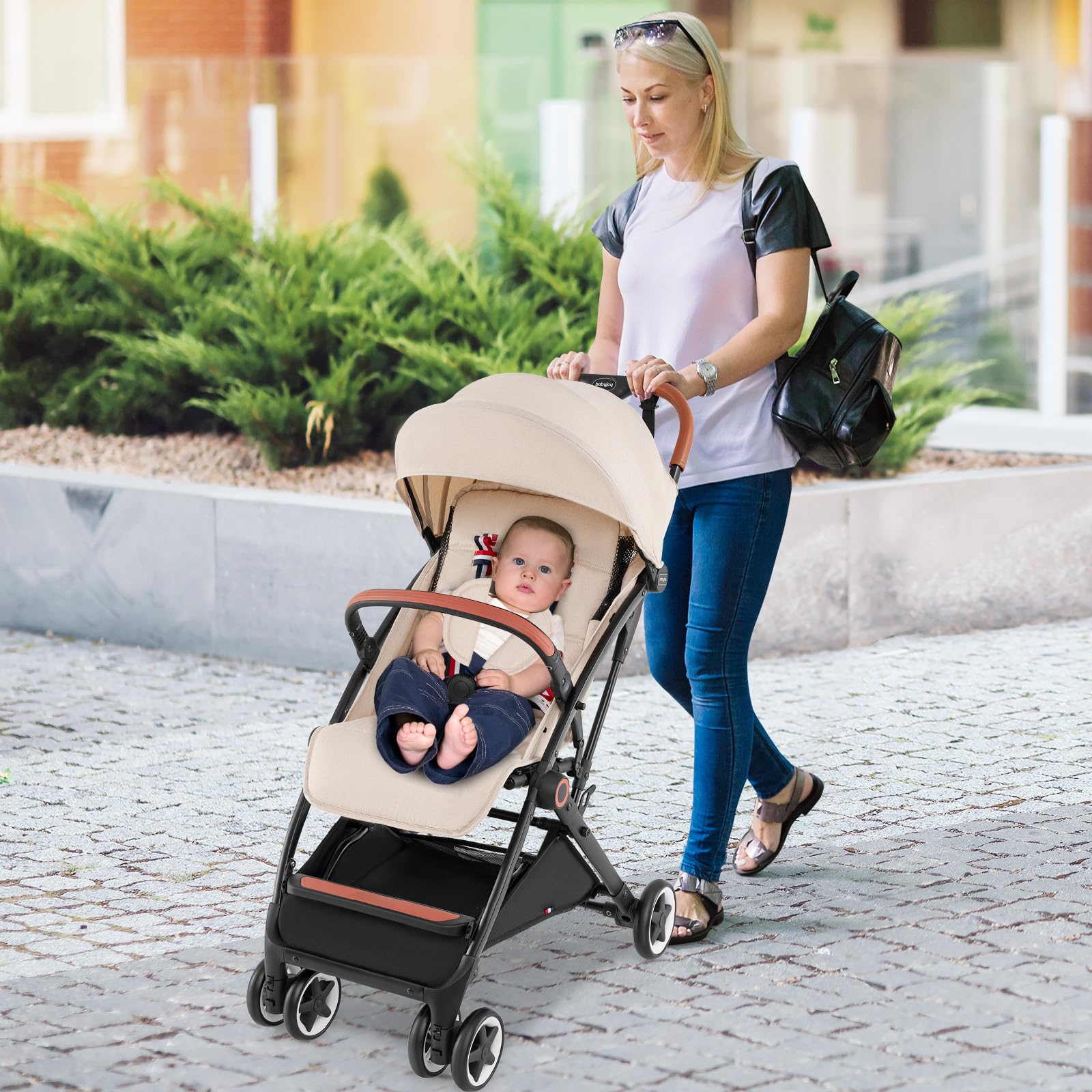 HONEY JOY Lightweight Baby Stroller - Compact One-Hand Fold Travel Stroller for Airplane, Fits Cabin & Overhead Bins, Self-Standing Toddler Stroller with Adjustable Backrest & Canopy (Beige) - Perfect for Air Travel, Shopping, and Daily Walks