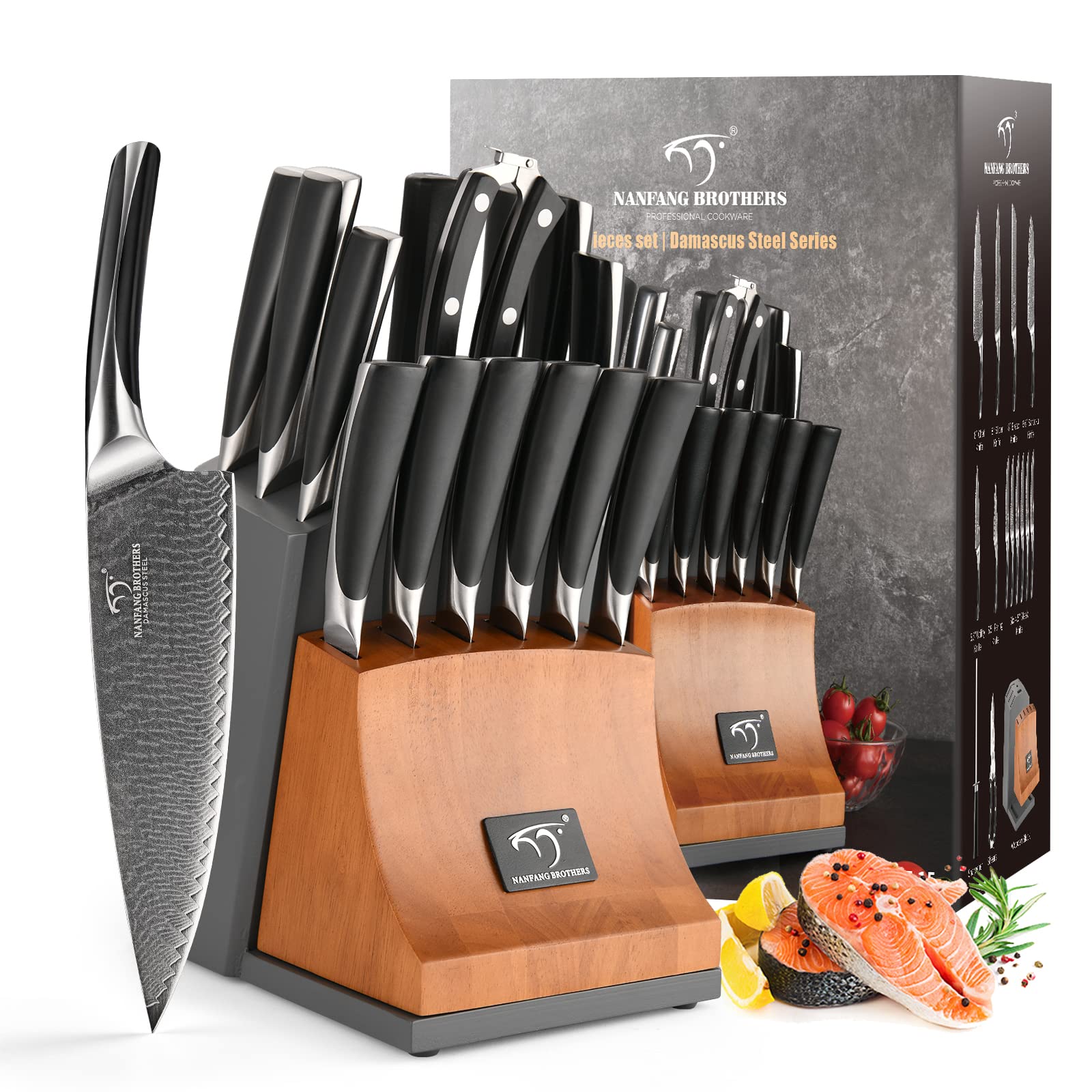 Premium 15-Piece Damascus Steel Knife Set with Wooden Block - Professional Chef Knives, Carving Fork & Ergonomic ABS Handles - Perfect for Home Cooking, Meat Carving & Kitchen Gifts