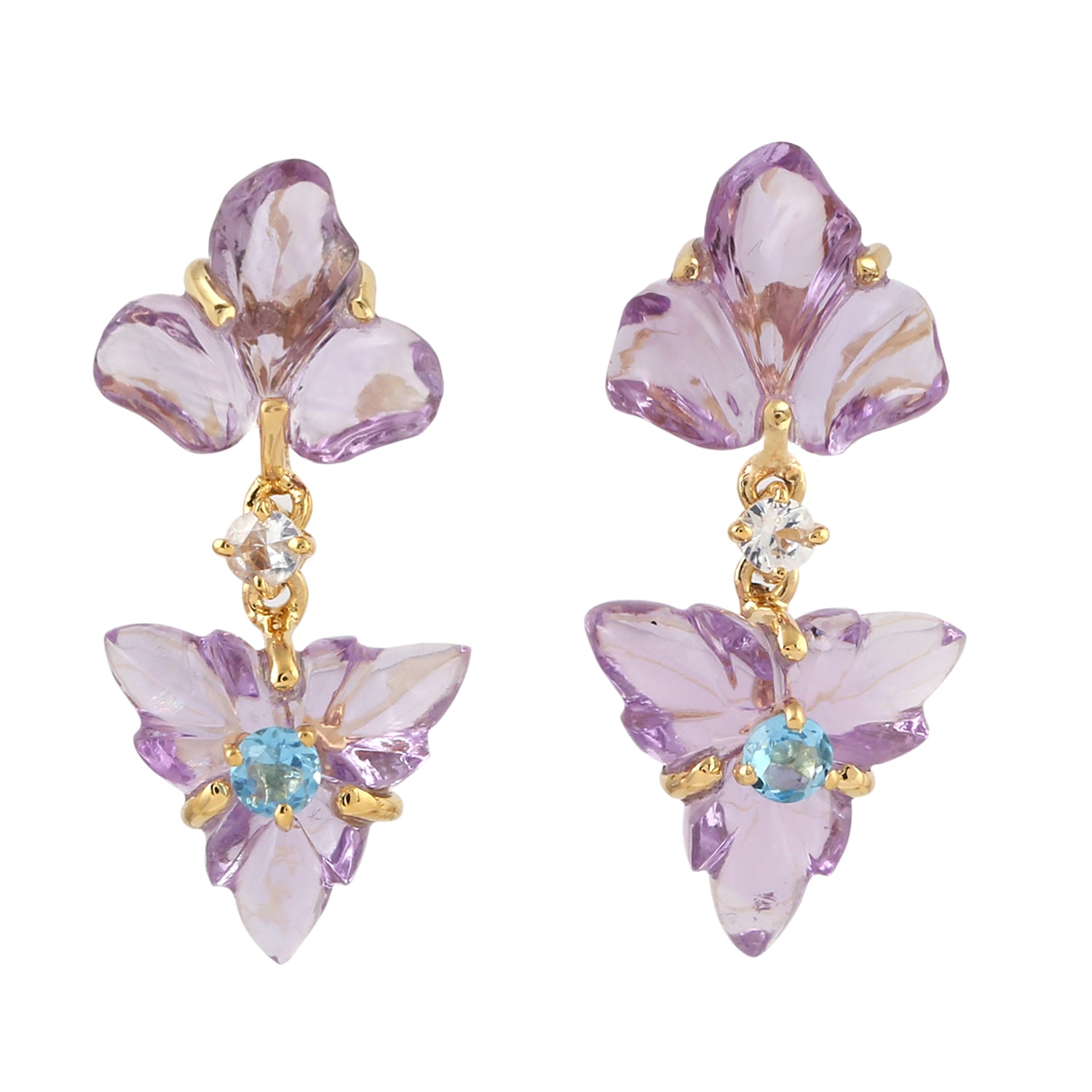 Exquisite Carved Amethyst with Blue Topaz & Sapphire Dangler Earrings in 14K Yellow Gold - Perfect for Weddings, Parties & Special Occasions
