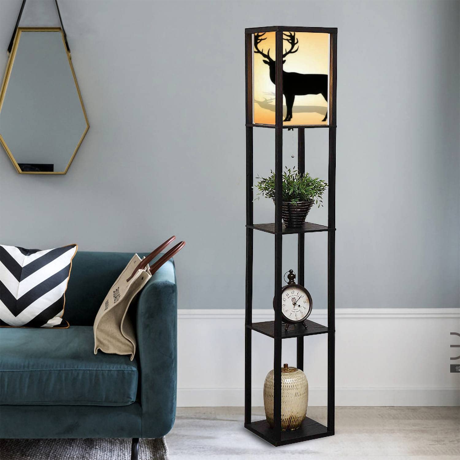 Modern Silhouette Deer Floor Lamp with Antlers & Shelves - Flaxen Fabric Shade Tall Standing Light for Living Room, Bedroom, Office - Corner Lighting & Aesthetic Home Decor for Cozy Nights & Reading Nook