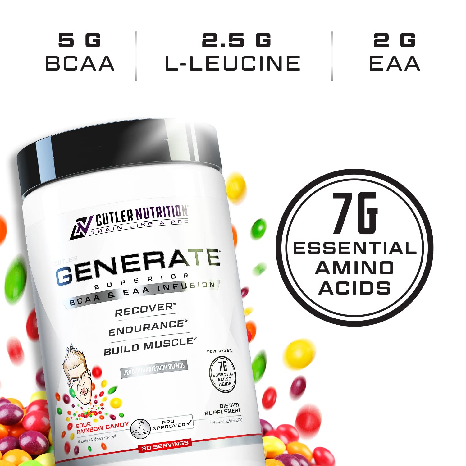 Cutler Nutrition Generate EAA & BCAA Powder - Premium Branched Chain Amino Acid Supplement with 5g BCAAs & 2g EAAs for Muscle Growth & Recovery | Sour Rainbow Candy Flavor | 30 Servings | Ideal for Post-Workout, Lean Muscle Building & Athletic Performance