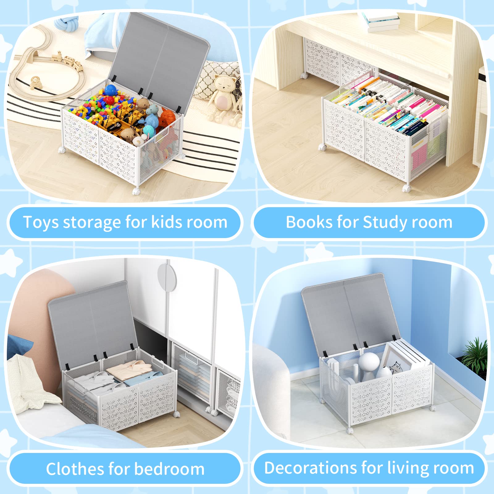 PHINOX 70L Large Toy Storage Box with Wheels - Collapsible Metal Toy Organizer for Kids, Boys & Girls - Durable Toy Chest for Nursery, Playroom & Bedroom - Perfect for Organizing Toys, Books & Games (White)