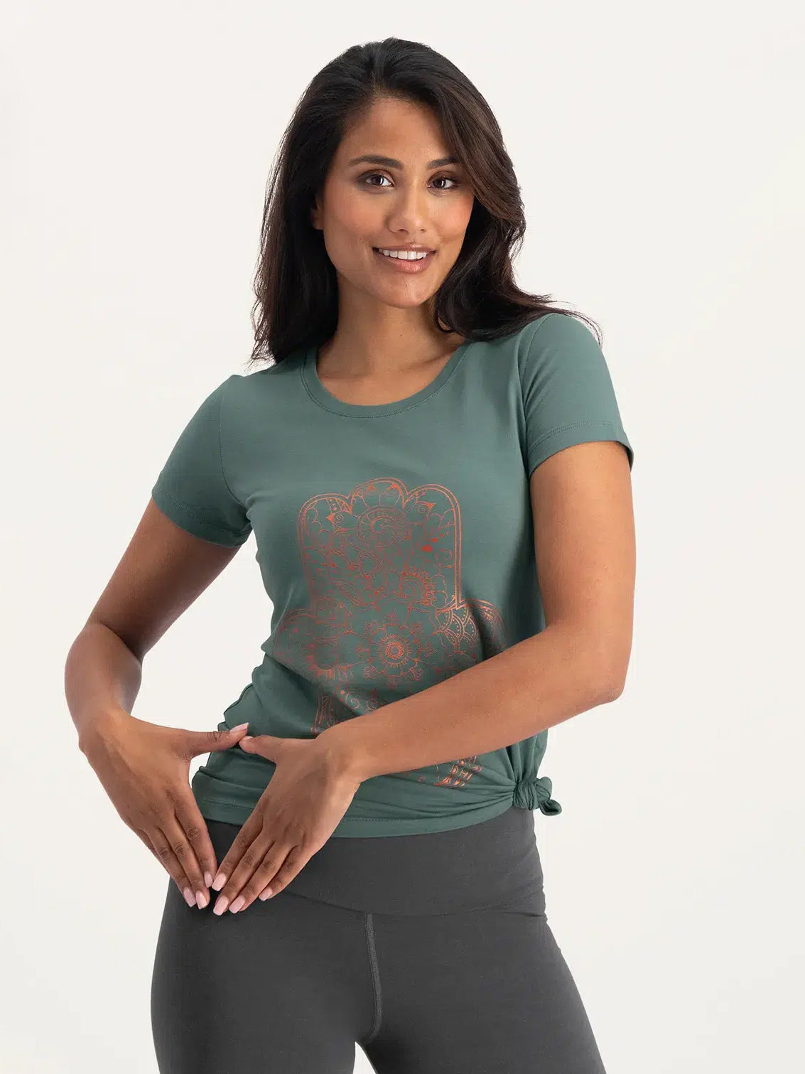Urban Goddess Hamsa Core Yoga T-Shirt - Forest Green - Comfortable Women's Workout Top for Yoga, Meditation & Spiritual Practice