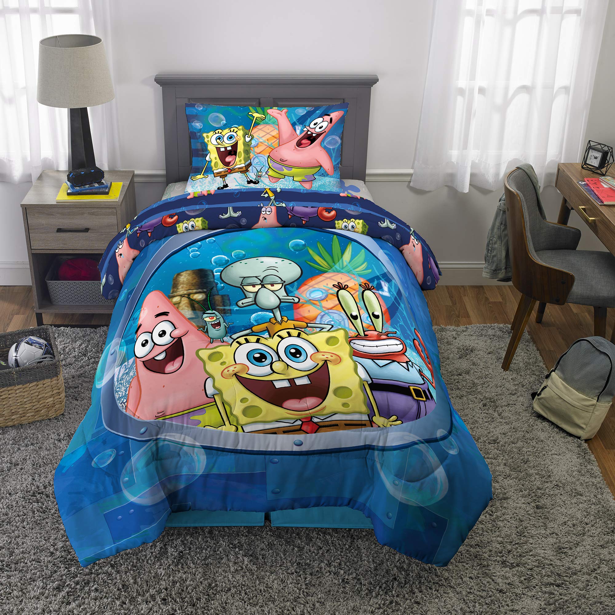 Spongebob Squarepants Twin Comforter Set for Kids - 5 Piece Bed in a Bag with Sheets, Sham & Activity Book - Patrick & Squidward Theme - Blue Kids Bedding | Perfect for Boys & Girls Room Decor, Birthday Gifts & Sleepovers