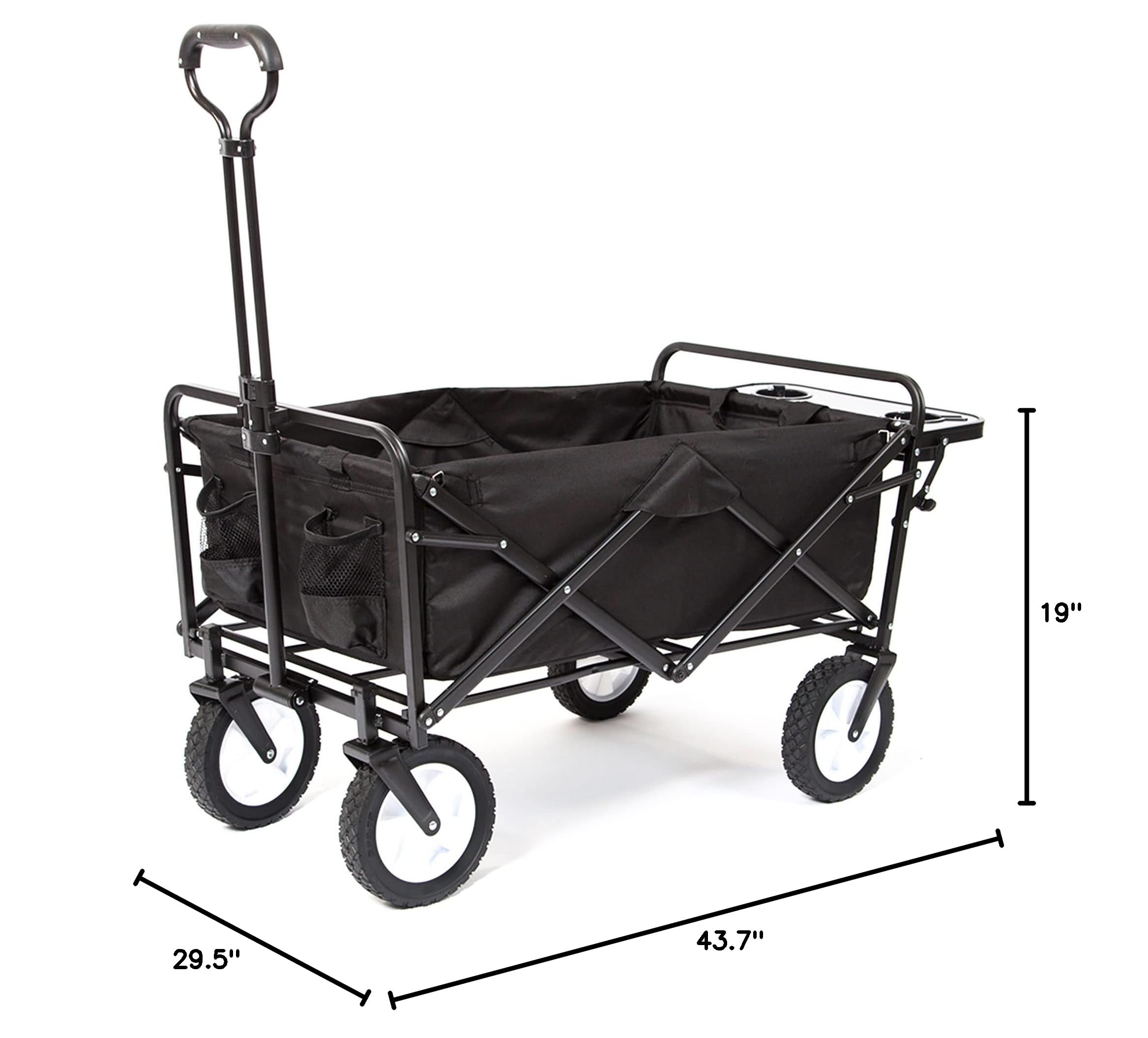 MacSports Collapsible Outdoor Utility Wagon with Folding Table & Drink Holders - Heavy Duty Folding Cart for Camping, Beach, Picnic, Grocery Shopping - Black