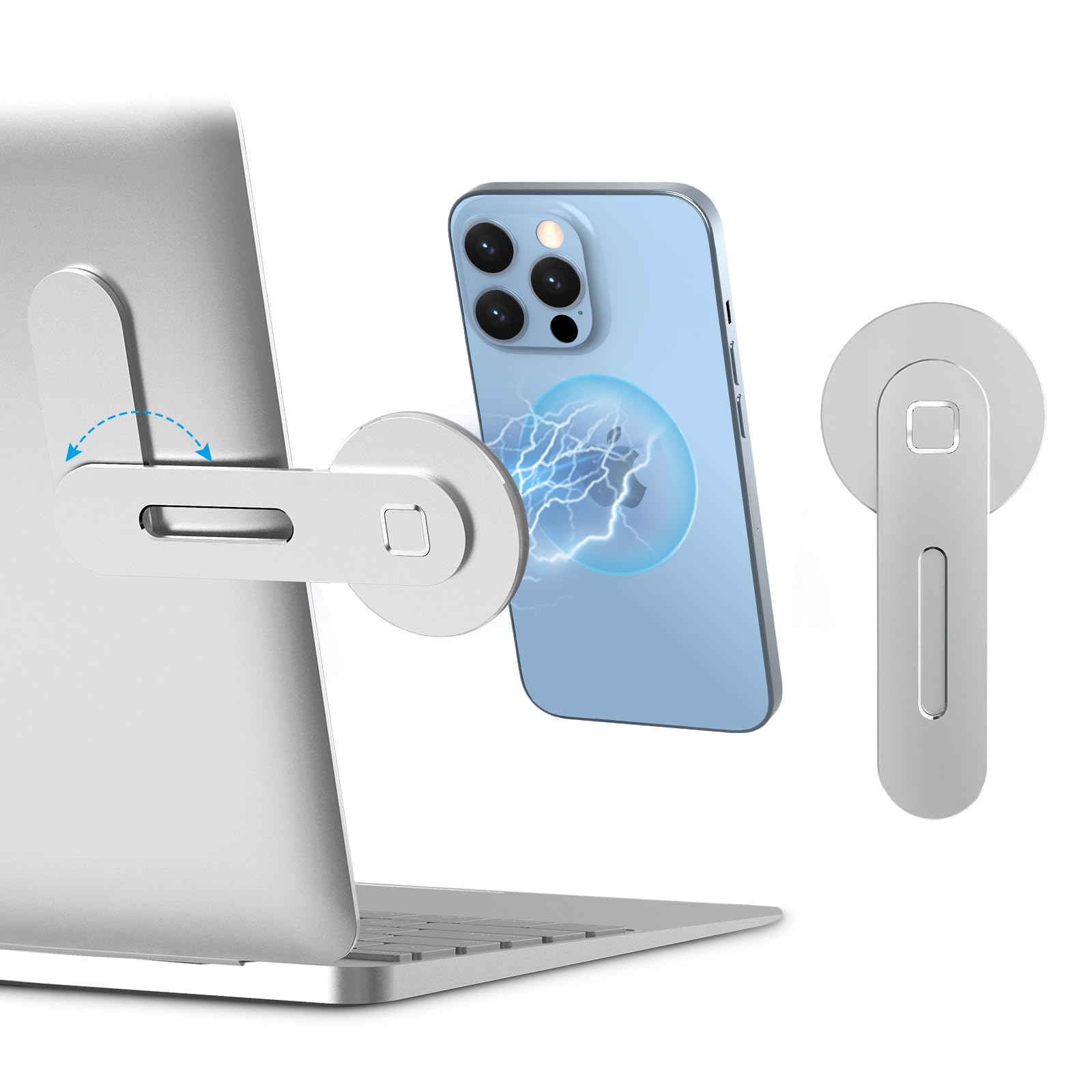 iMLuckies Magnetic Laptop Phone Holder - Adjustable Monitor Side Mount Clip for iPhone 16/15/14/13/12 Series & MagSafe Case | Universal Phone Stand | Portable Foldable Silver Bracket | Perfect for Work, Study & Video Calls