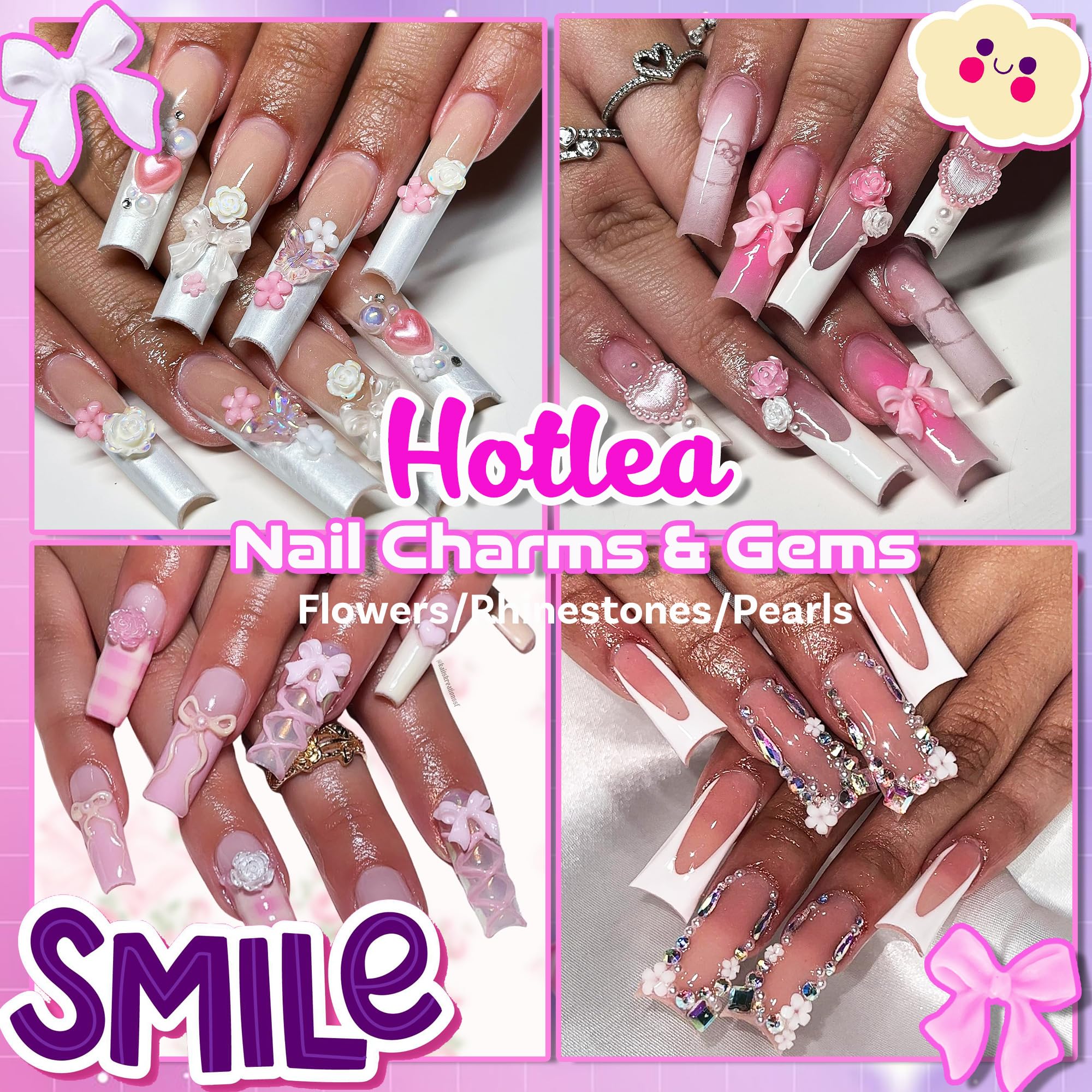 3D Flower Nail Charms Bulk - Pink & White Bow Pearls Charms for Nail Art, Cherry Blossom Butterfly Heart Pearl Nail Gems - Perfect for DIY Nail Design, Salon Manicure, Wedding & Party Nail Decoration