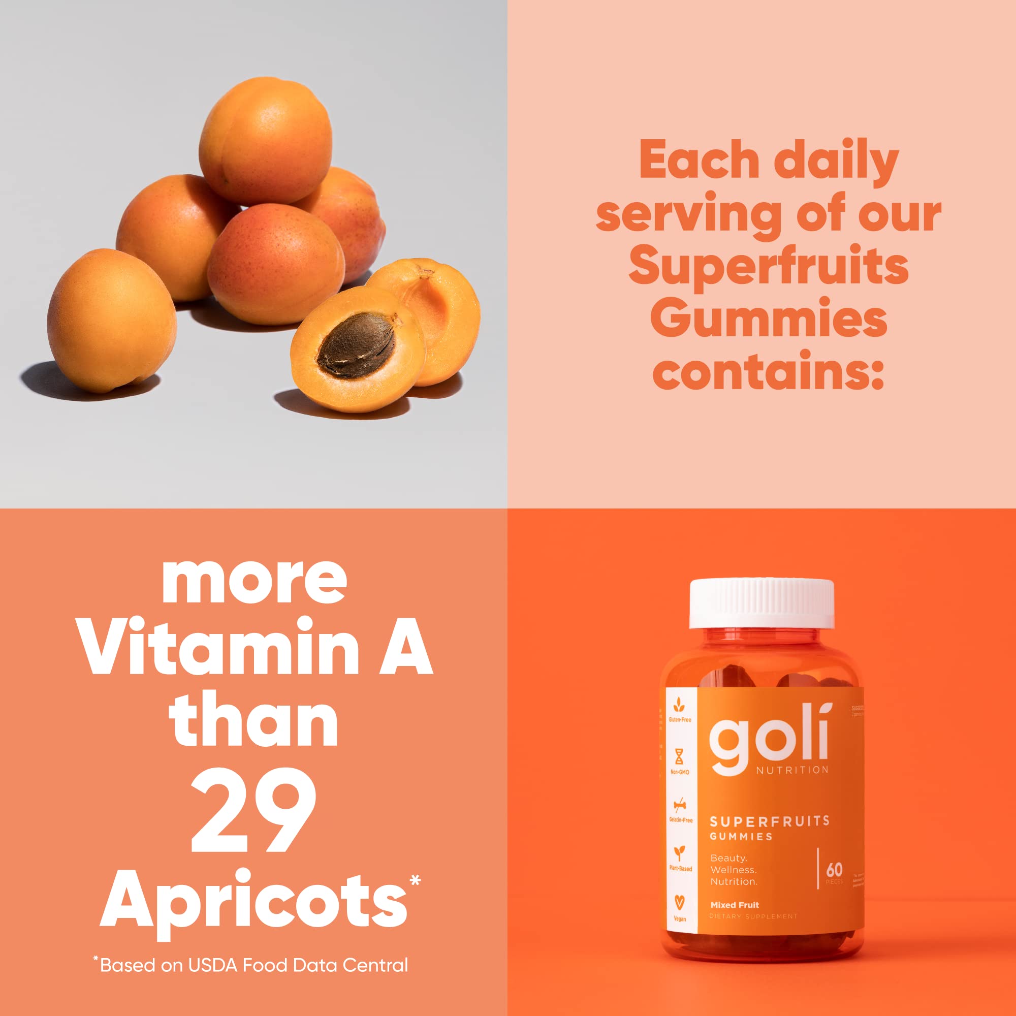 Goli SuperFruits Beauty Gummy Vitamins - 60 Count | Vegan Collagen Booster with Mixed Fruit Flavor | Plant-Based, Non-GMO, Gluten & Gelatin Free Supplement for Skin & Hair Care | Perfect for Daily Beauty Routine & On-the-Go Nutrition