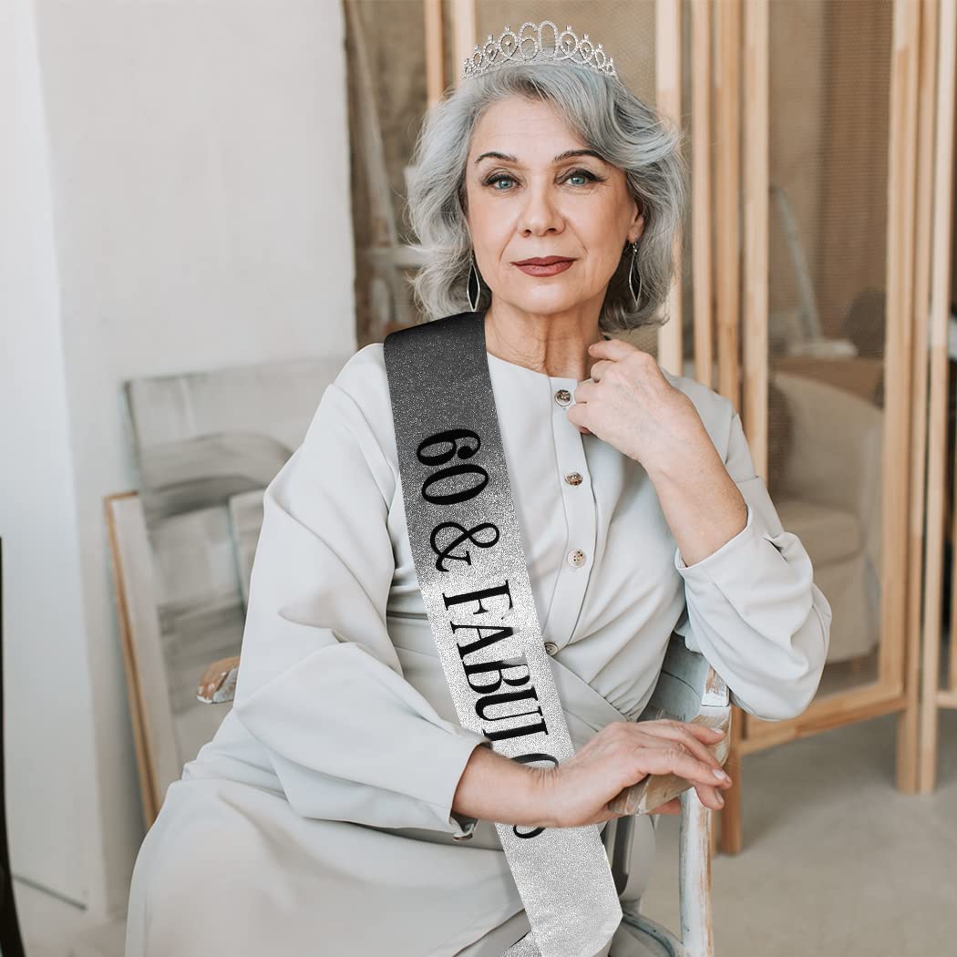 60th Birthday Sash & Tiara Set - Elegant Silver Birthday Crown for Women - Perfect 60th Birthday Gift & Party Decorations - Great for Milestone Celebrations, Birthday Parties & Photo Shoots