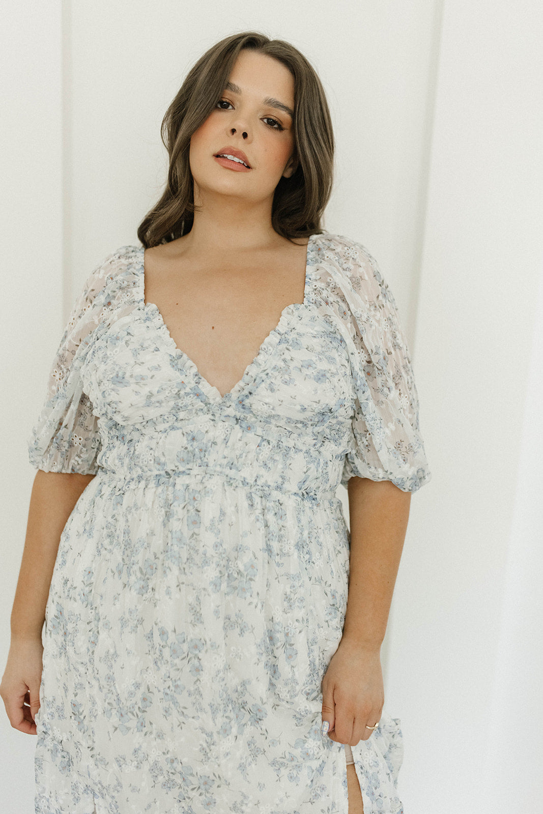 Blue and White Floral Daphne High Slit Eyelet Detail Maxi Dress - Plus Size & Inclusive Sizing - Perfect for Beach Vacations, Summer Parties & Boho Weddings