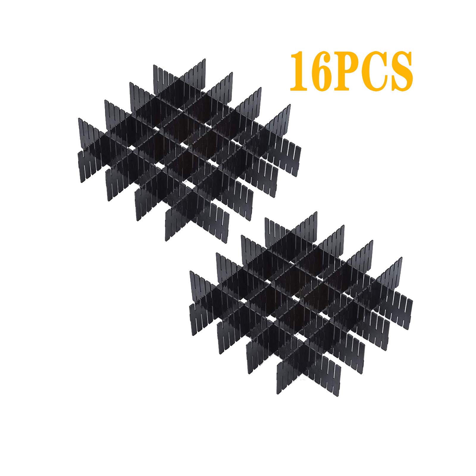 16-Piece Adjustable Drawer Organizer Set - DIY Plastic Grid Storage Dividers for Clothes, Kitchen & Office - Black | Perfect for Closet, Dresser & Desk Organization