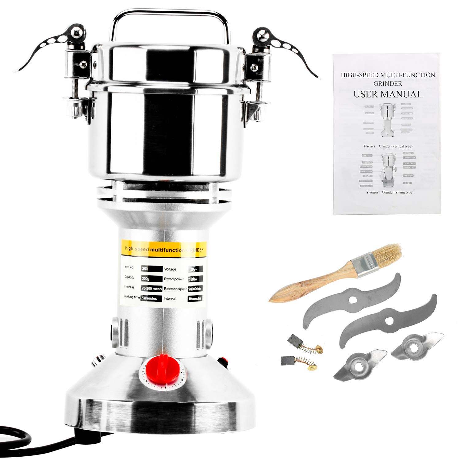350g High-Speed Electric Grain Mill Grinder - 1500W Commercial Stainless Steel Powder Machine for Spices, Herbs, Coffee & Pepper (70-300 Mesh, 28000 RPM) - Perfect for Home Kitchens, Bakeries & Coffee Shops
