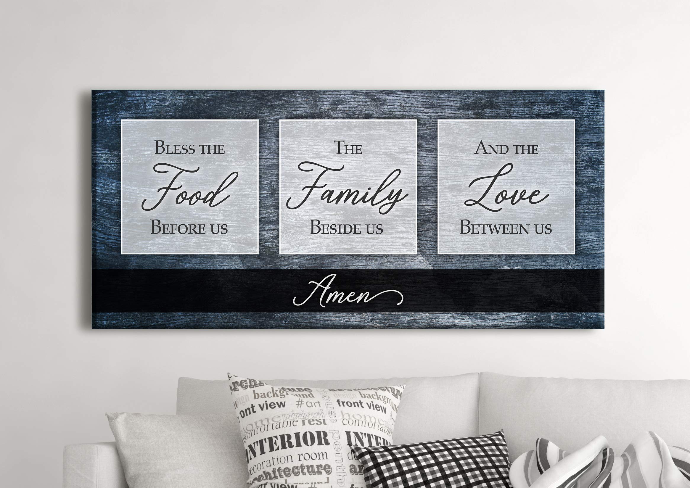 Bless the Food V2 Blue Framed Kitchen Wall Art Sign - 42x19 Inch Rustic Dining Room Decor for Farmhouse & Modern Homes - Perfect for Kitchens, Dining Areas & Entryway Decorations