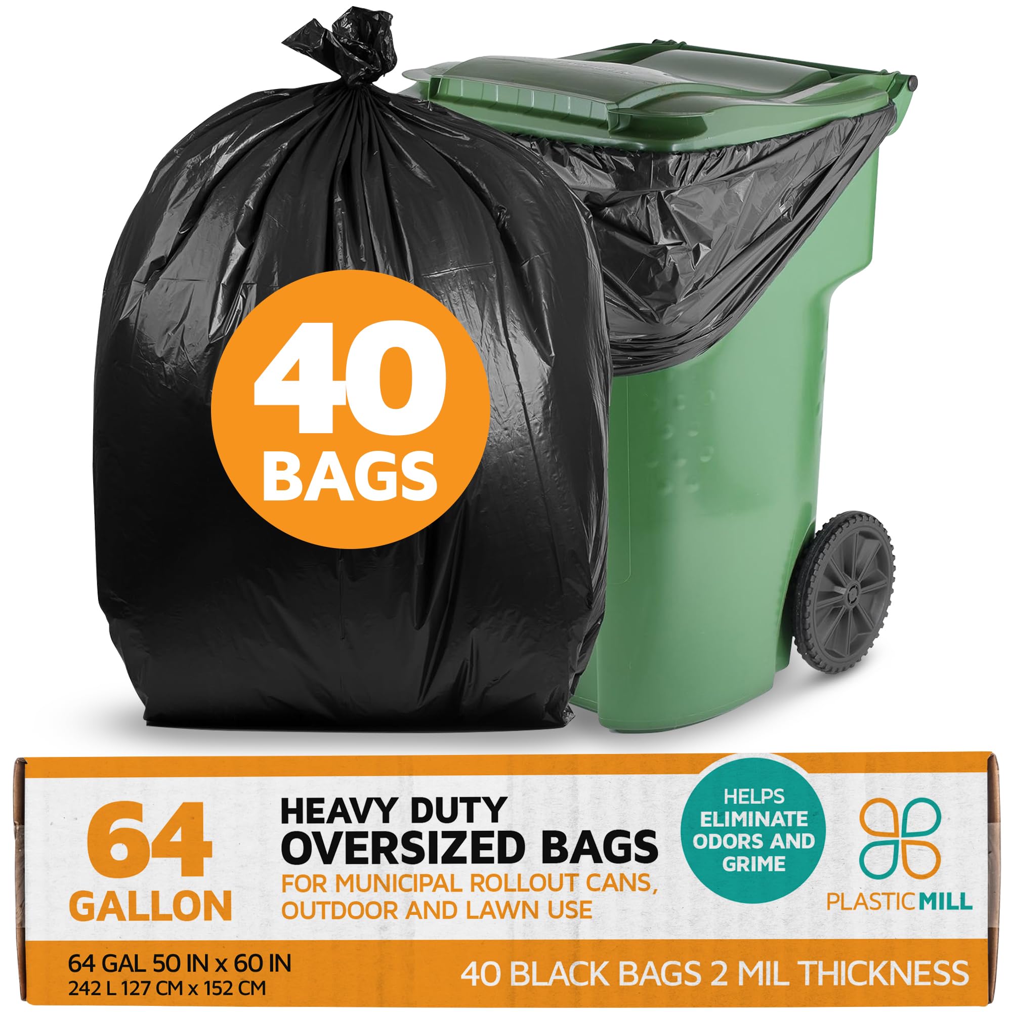 PlasticMill Heavy Duty Trash Bags - 64 Gallon Large Kitchen Garbage Bags, 2 Mil Thick, 50