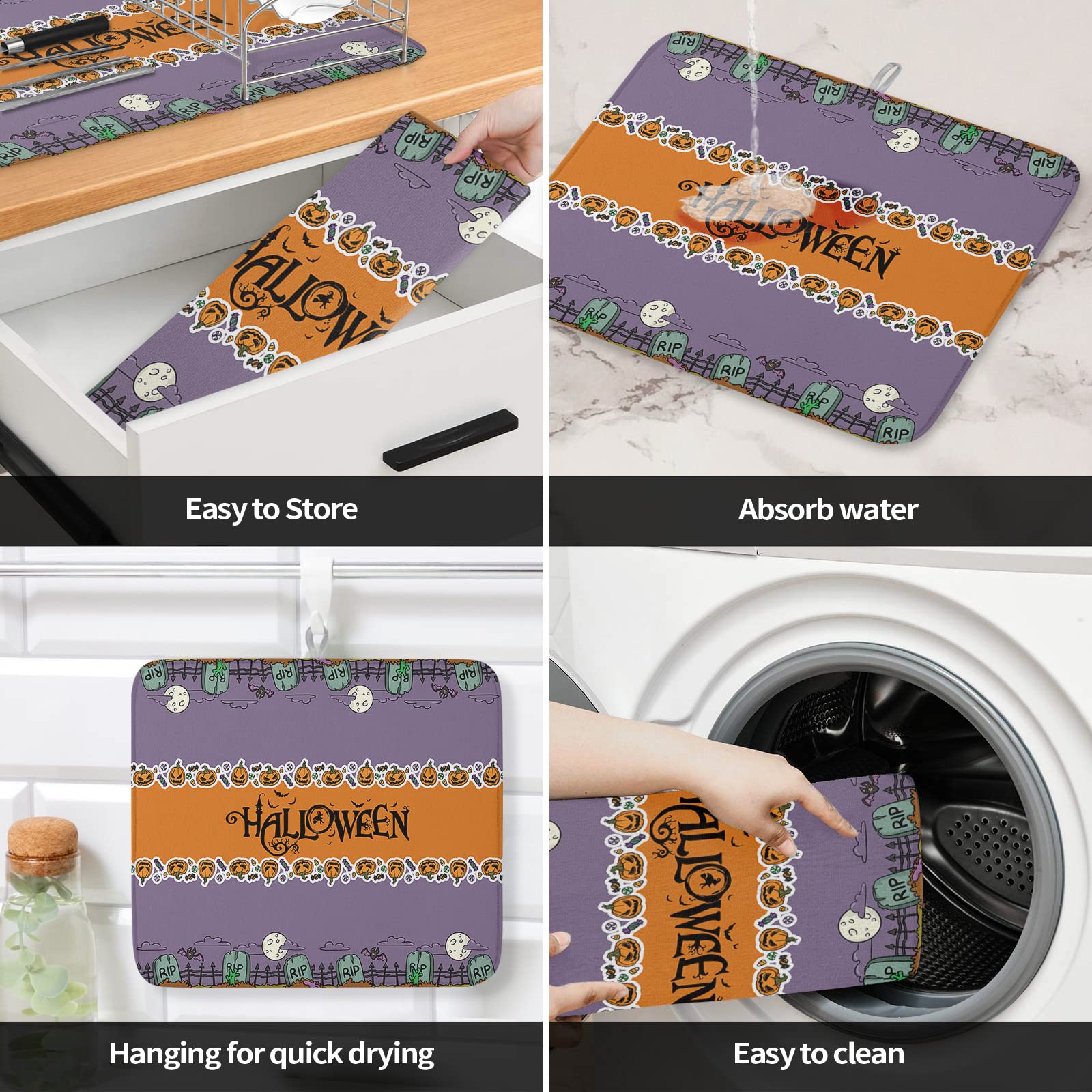 Halloween Pumpkin Tombstone Dish Drying Mat - Purple Microfiber Absorbent Kitchen Counter Mat, Reversible Quick-Dry Dish Drainer Rack (16x18 Inch) | Machine Washable | Perfect for Halloween Decor & Kitchen Counter Protection