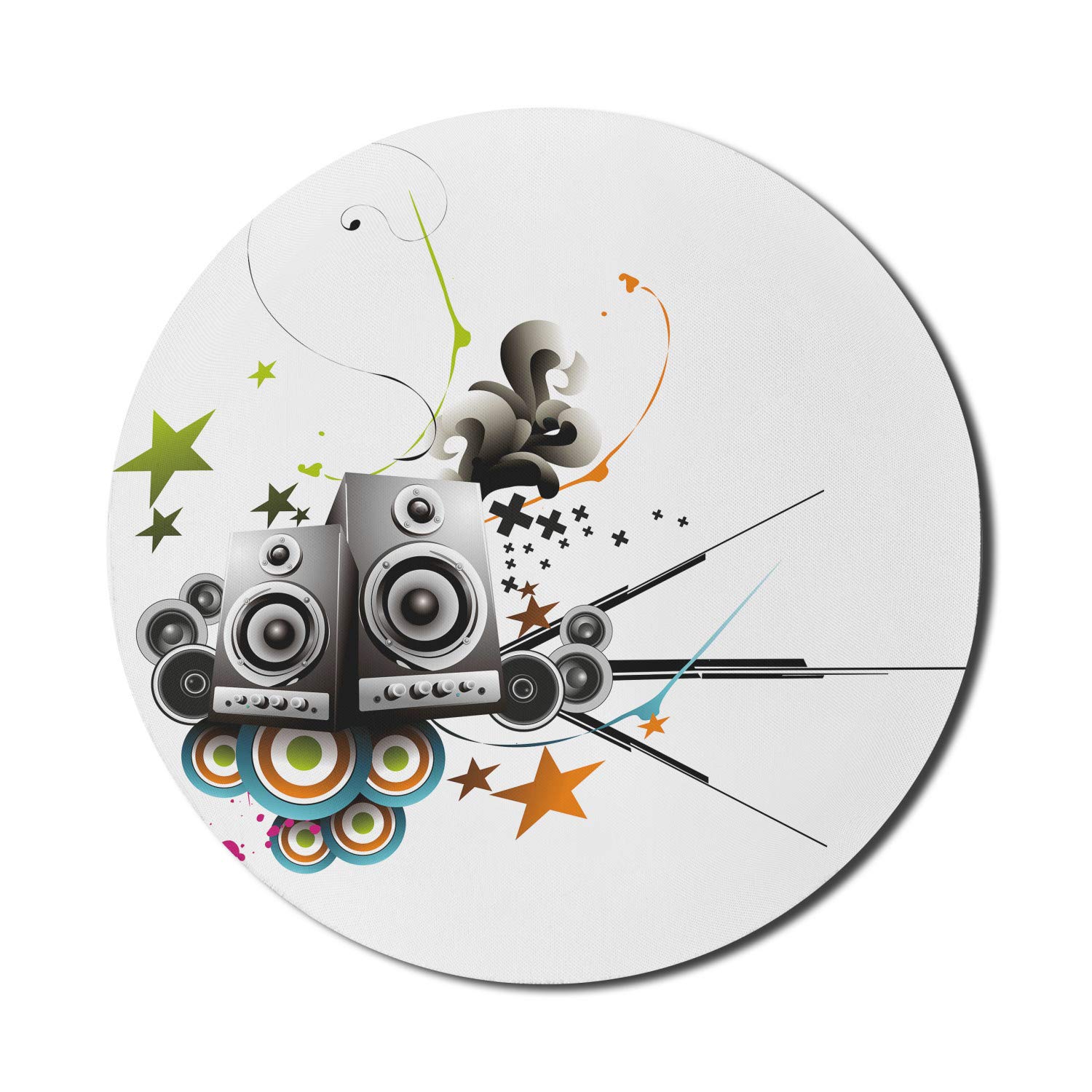 Ambesonne Modern Round Mouse Pad for Computers & Gaming - Non-Slip Thick Rubber Base with Vibrant Music Instrument & Headphone Design in Black, Green & Orange (8 Inch) - Perfect for Office, Gaming & Studio Use