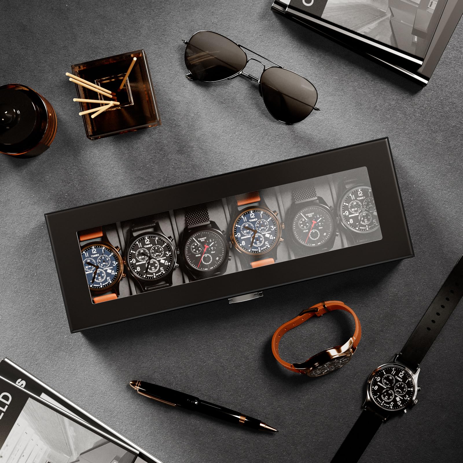 ProCase Wooden Watch Box for Men - 6 Slot Display Case with Glass Lid, Perfect for Father's Day Gifts & Watch Storage