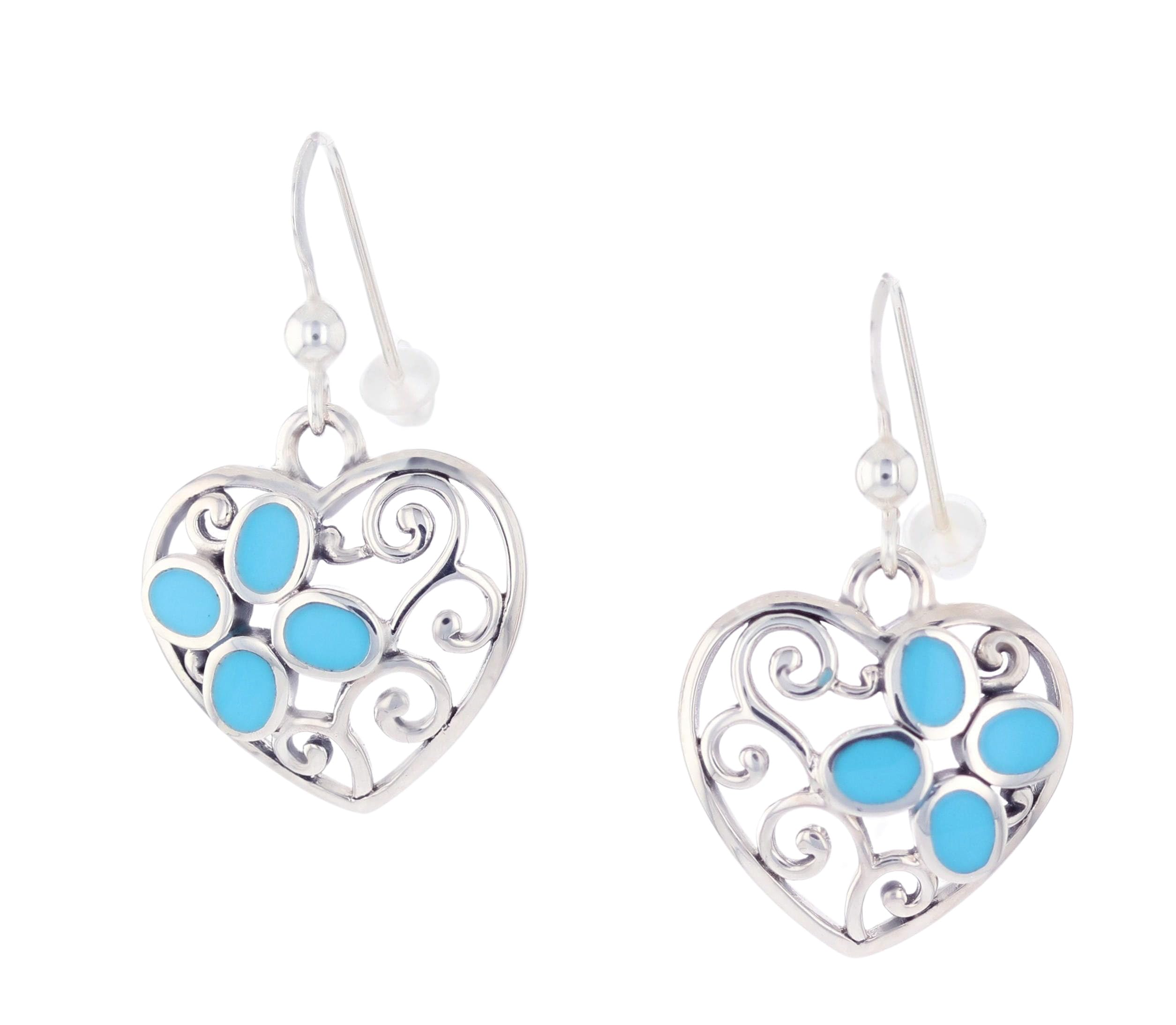 Filigree Heart Created Turquoise Sterling Silver Dangle Earrings for Women | Handmade Bohemian Jewelry | Perfect for Weddings, Date Nights & Special Occasions