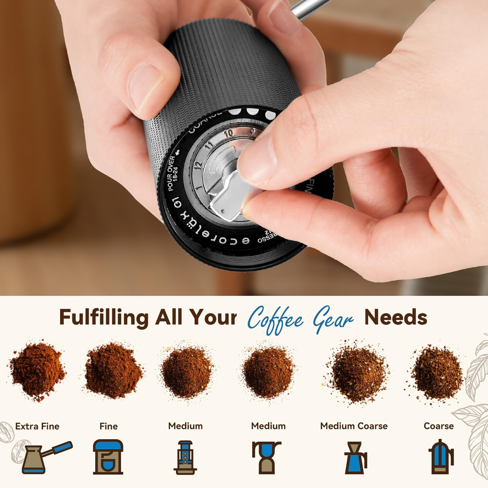 Premium Manual Coffee Grinder - Adjustable Ceramic Burr for Precision Grinding, Portable & Durable Hand Crank Mill - Perfect for French Press, Espresso, Pour Over & Travel Coffee Brewing