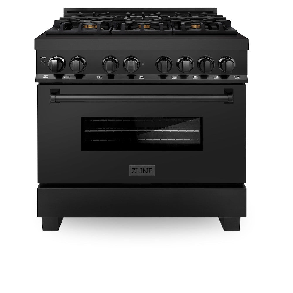 ZLINE 36-inch Black Stainless Steel Kitchen Package - Dual Fuel Range, Range Hood & Microwave Drawer (4KPR RABRH36 MW) | Premium Appliance Bundle for Modern Kitchens & Home Renovations