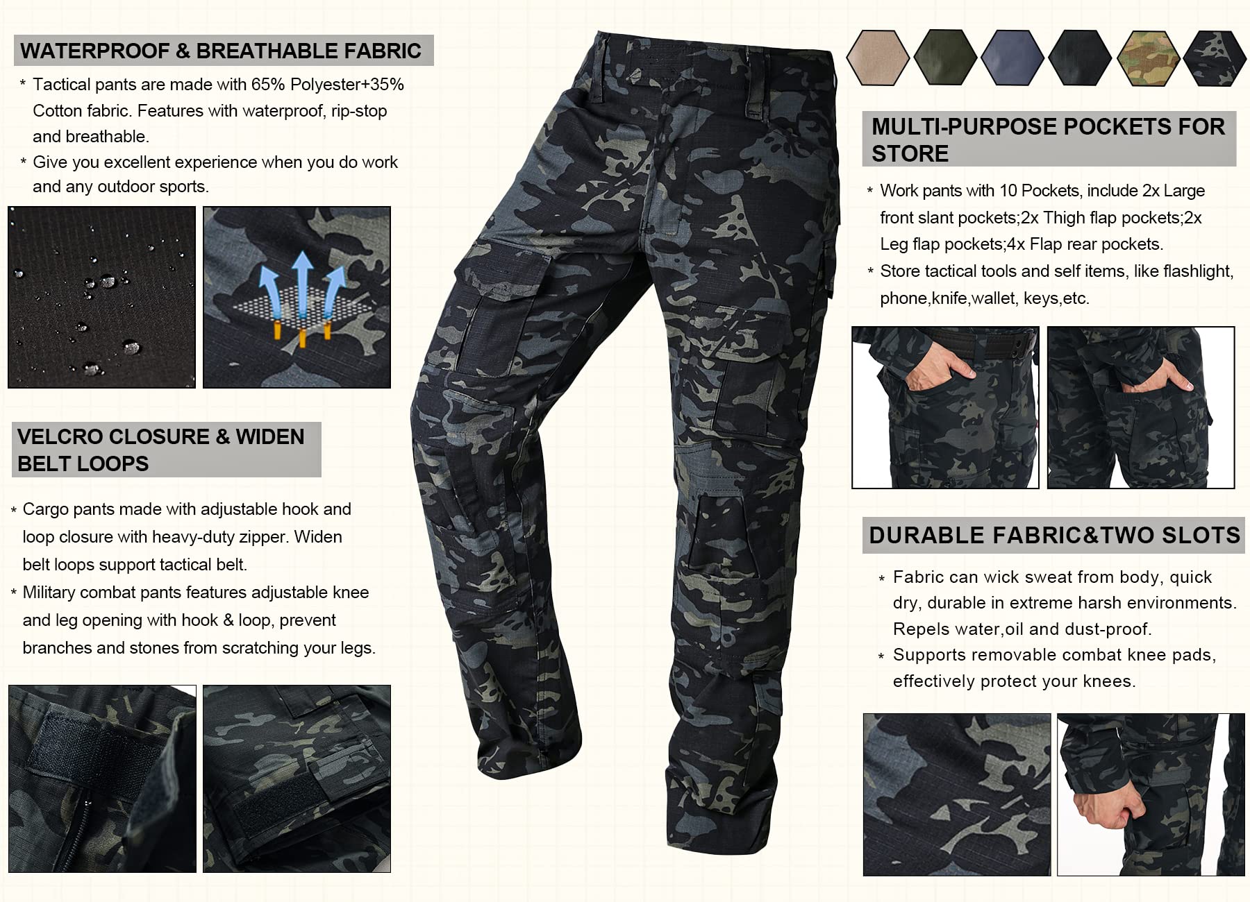 **Men's Tactical Cargo Pants - Camo Ripstop Outdoor Hiking Work Pants with Multi-Pockets (No Belt, No Kneepad) - Perfect for Hunting, Camping & Military Use**