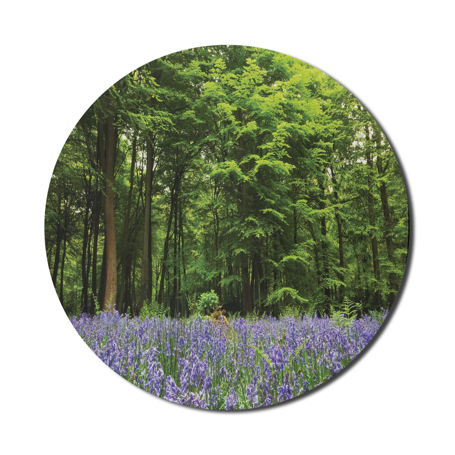 Ambesonne Round Non-Slip Gaming Mouse Pad - 8 Inch Woodland Mousepad with Bluebells Flowers Forest Design, Thick Rubber Base for Computer & Office Use | Perfect for Spring Decor, Gaming Setup & Workspace Accessories (Purple Green)