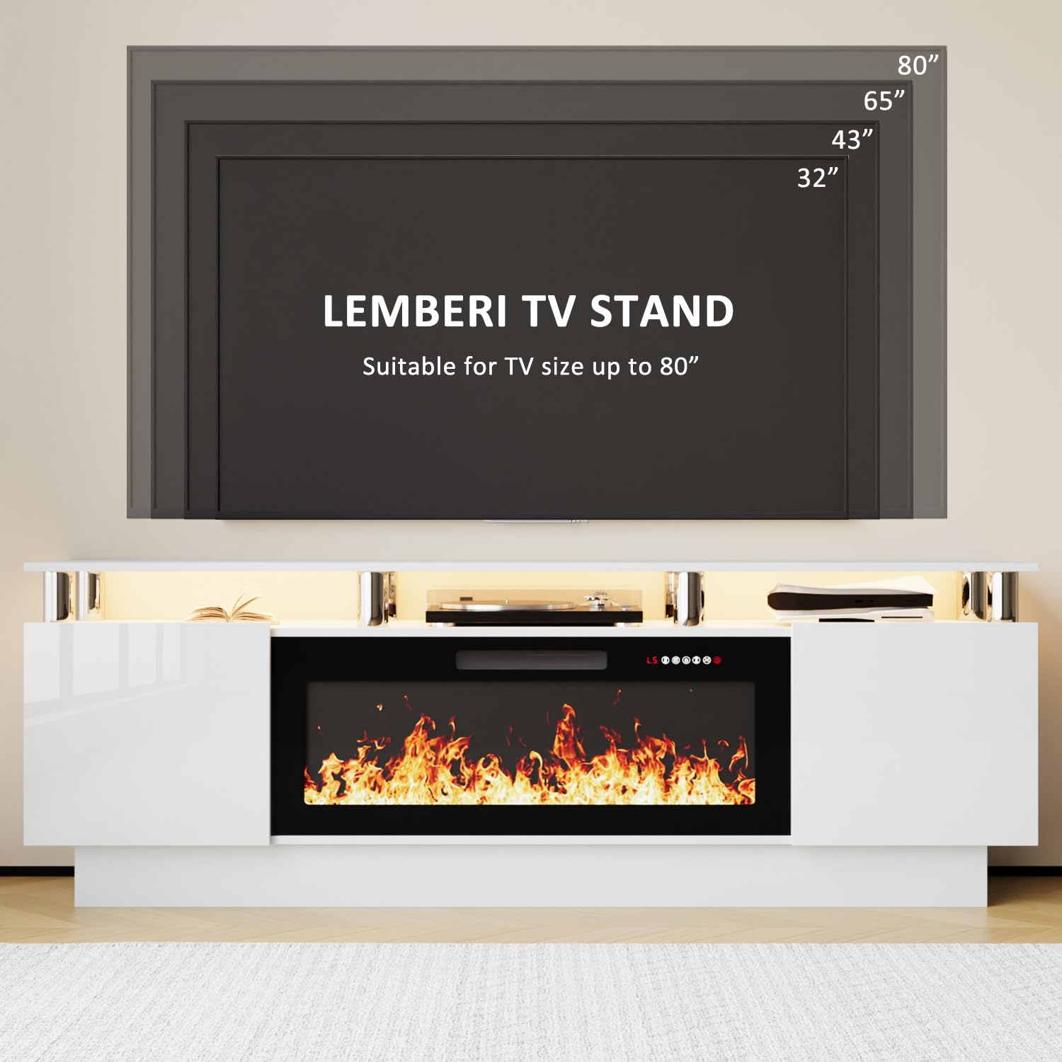LEMBERI 70 Inch Modern TV Stand with Electric Fireplace - Entertainment Center for 80 Inch TVs, Wooden Media Console with 36