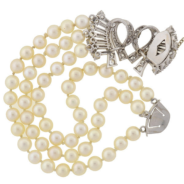 Vintage 14kt Gold 3-Strand Pearl & Diamond Bracelet for Women - Elegant Jewelry Gift for Weddings, Anniversaries & Special Occasions