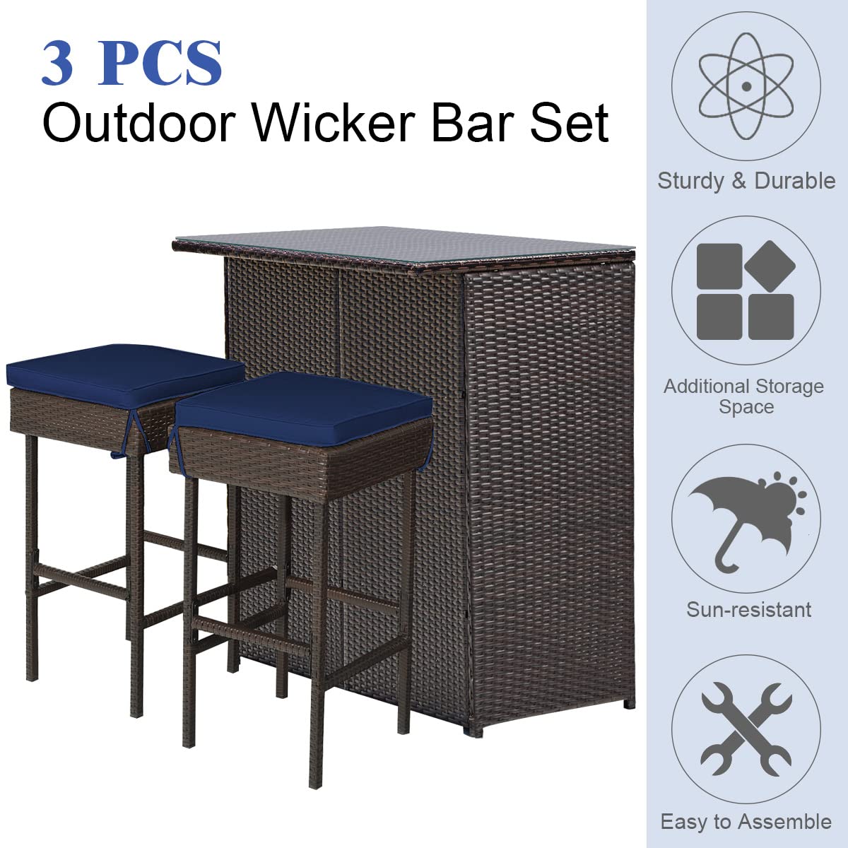 Tangkula 3-Piece Outdoor Patio Bar Set - Rattan Wicker Bar Table with 2 Cushioned Stools & Glass Top - Navy & Off White - Perfect for Backyard, Garden, Poolside & Outdoor Entertaining