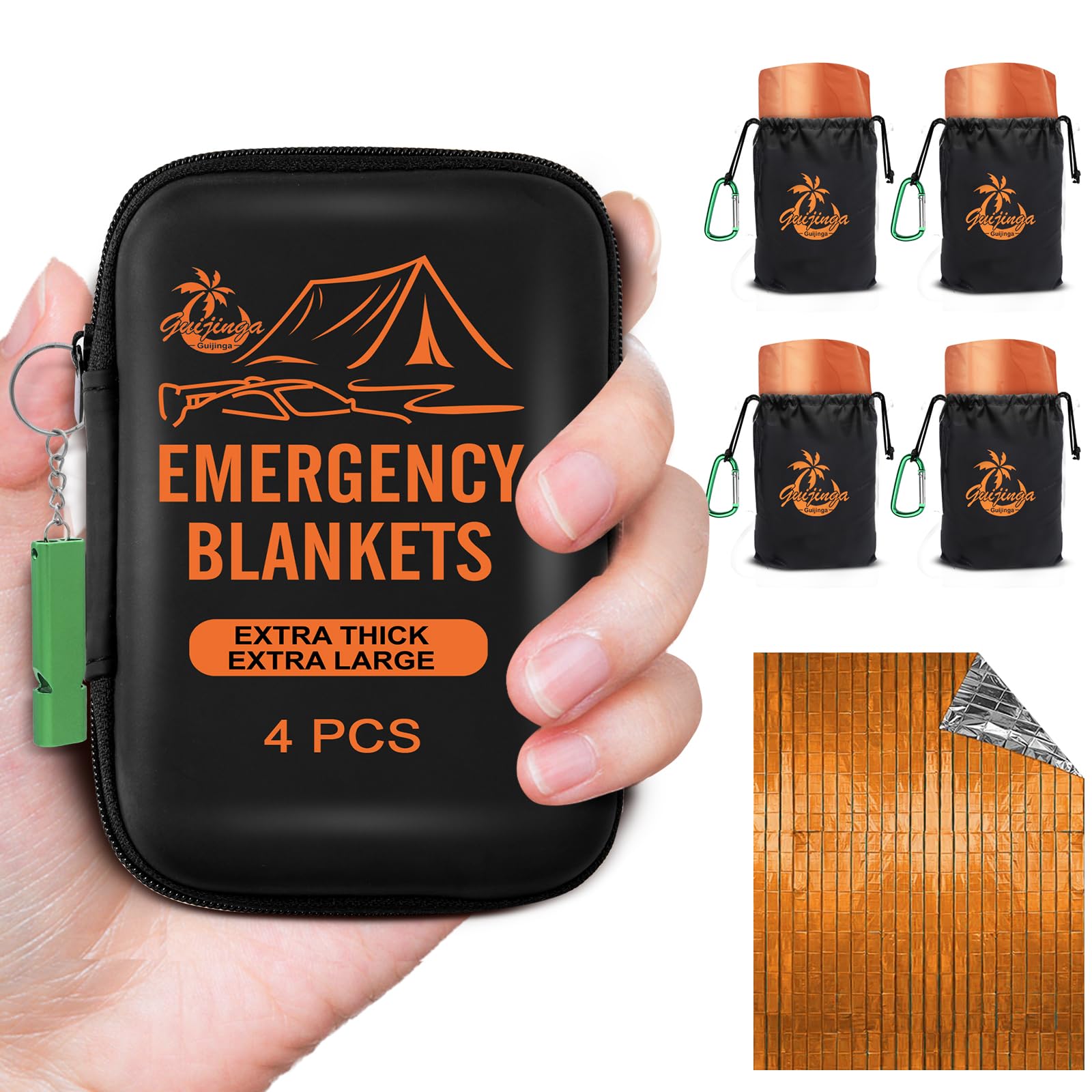 Guijinga Emergency Survival Blanket 2-Pack/4-Pack - Extra Large Thick Thermal Space Blanket for Car Emergency, Outdoor Camping, Hiking & First Aid - Weatherproof & Compact for Survival Kits & Disaster Preparedness