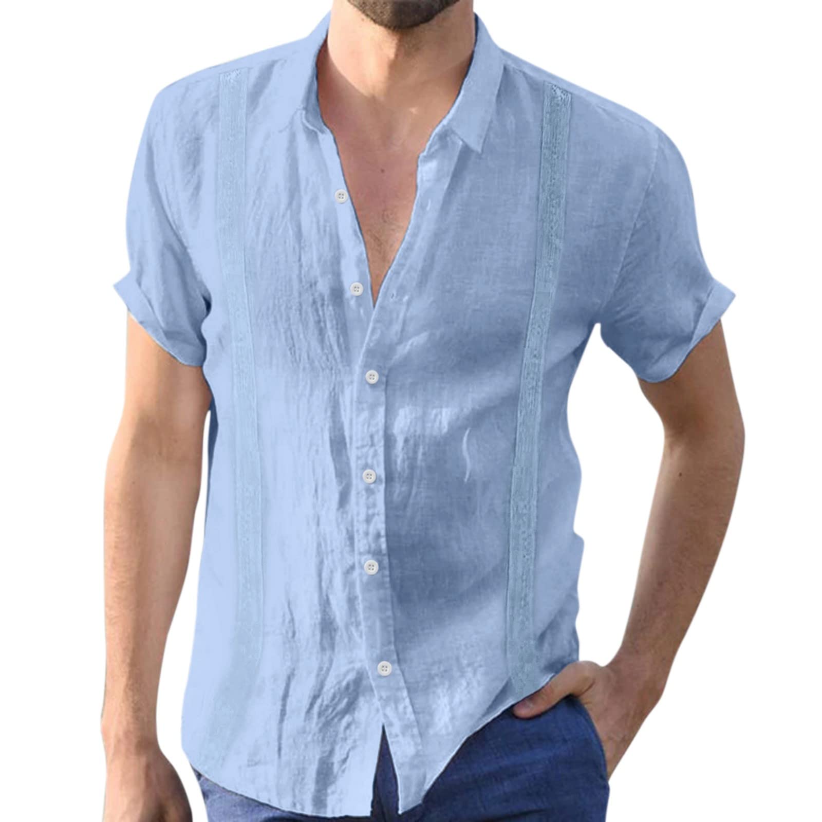 Men's Casual Short Sleeve Shirt with Turn-Down Collar & Embroidery Detail - Solid Color Fall Tops for Work, Dating & Outdoor Activities