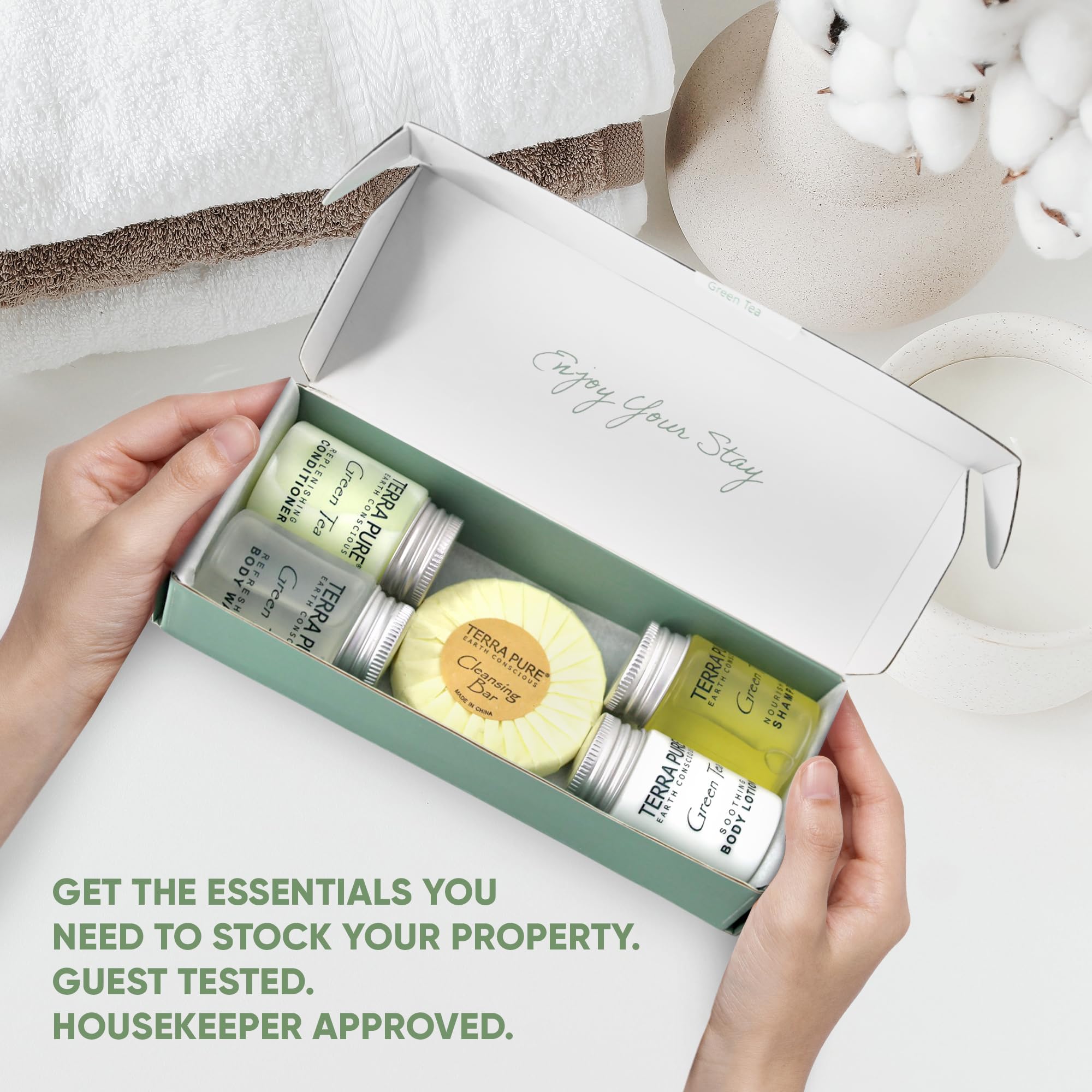 Organic Green Tea Travel Amenity Kit - 1 oz Shampoo, Conditioner, Body Wash, Lotion, 2 Soap Bars, Shaving Kit, Dental Set & Makeup Remover Wipes (60 Sets/Case) | Perfect for Hotels, Spas, Airlines & Luxury Travel Essentials