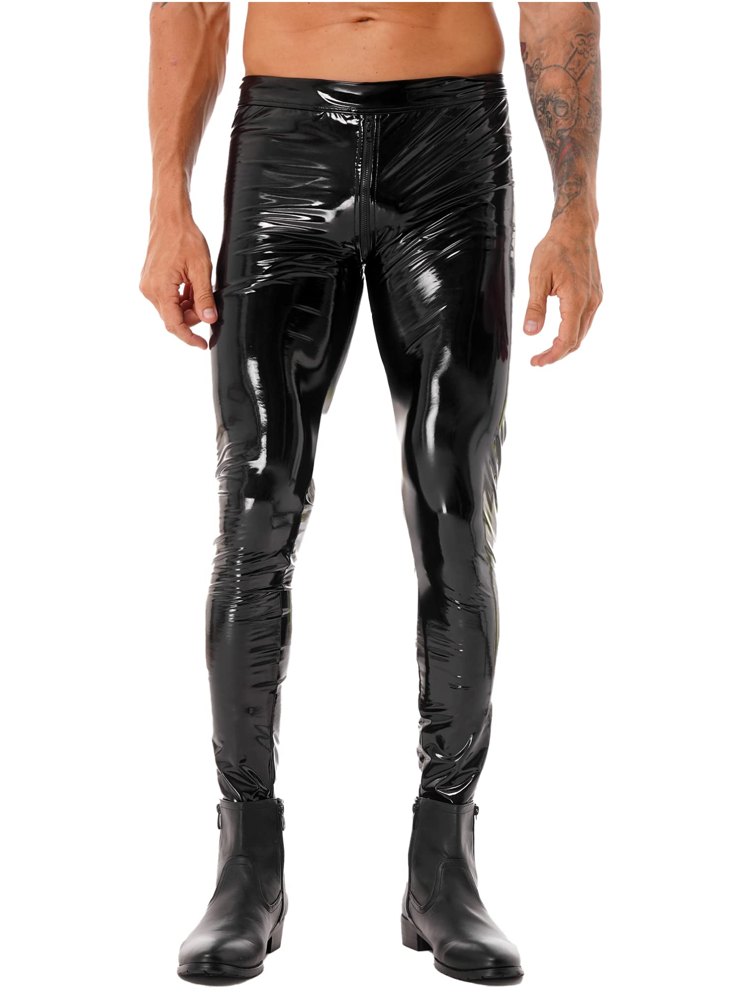 Men's Faux Leather Pants - Punk Rock 80s Style Tight Leggings, Gothic Motorcycle Biker Trousers for Concerts & Night Out | High Waisted Stretch Vegan Leather Pants for Men