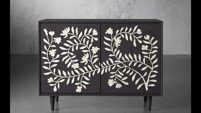 Handmade Bone Inlay Floral Design Black Two-Door Storage Cabinet - Entryway Organizer, Hallway Decor, Living Room Furniture for Home Storage Solutions