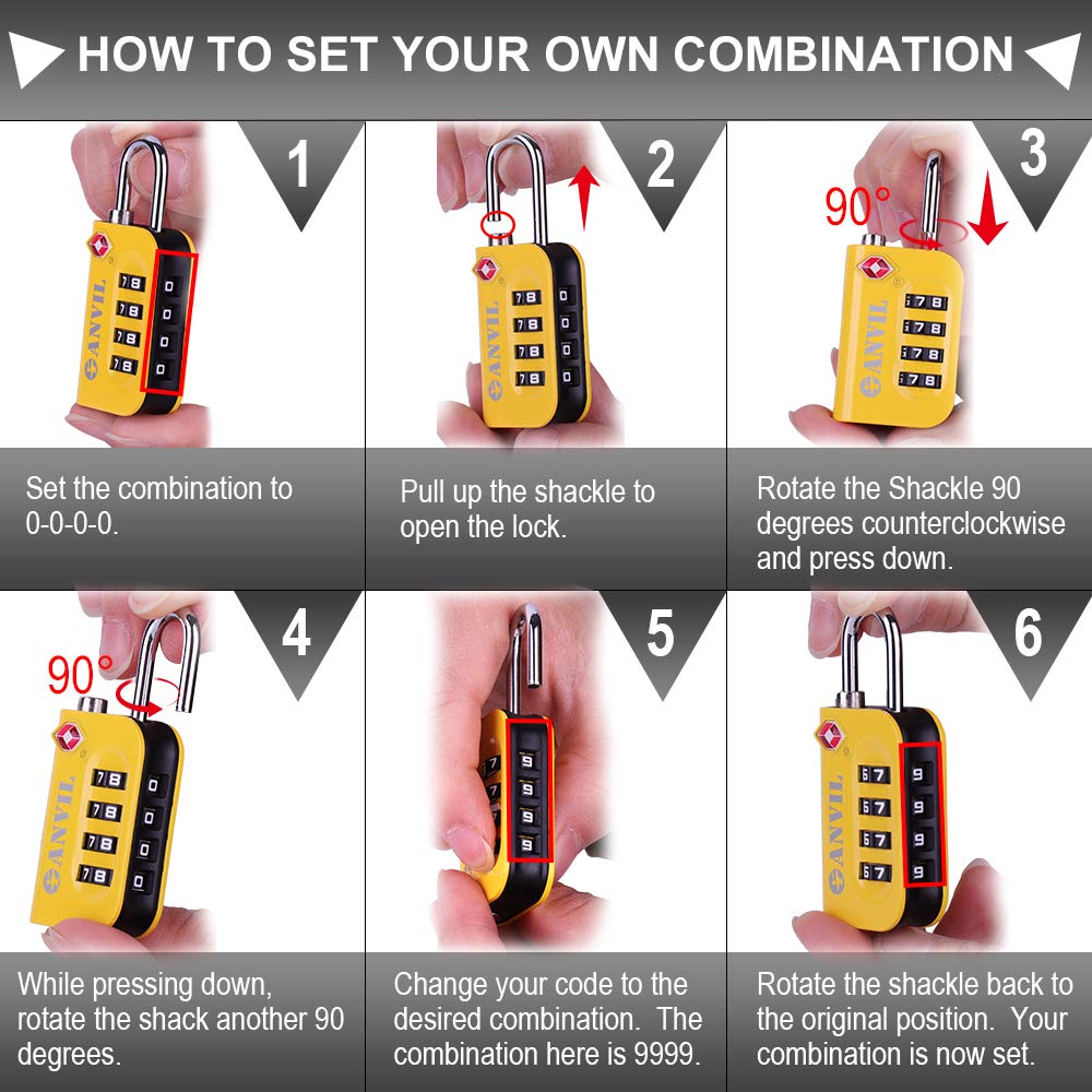 ANVIL TSA Approved Luggage Lock - 4 Digit Combination Lock with 10,000 Security Codes, Easy-Read Dial Window for Suitcases, Backpacks & Travel Bags | Secure Your Belongings During Air Travel, Gym Visits & School Use