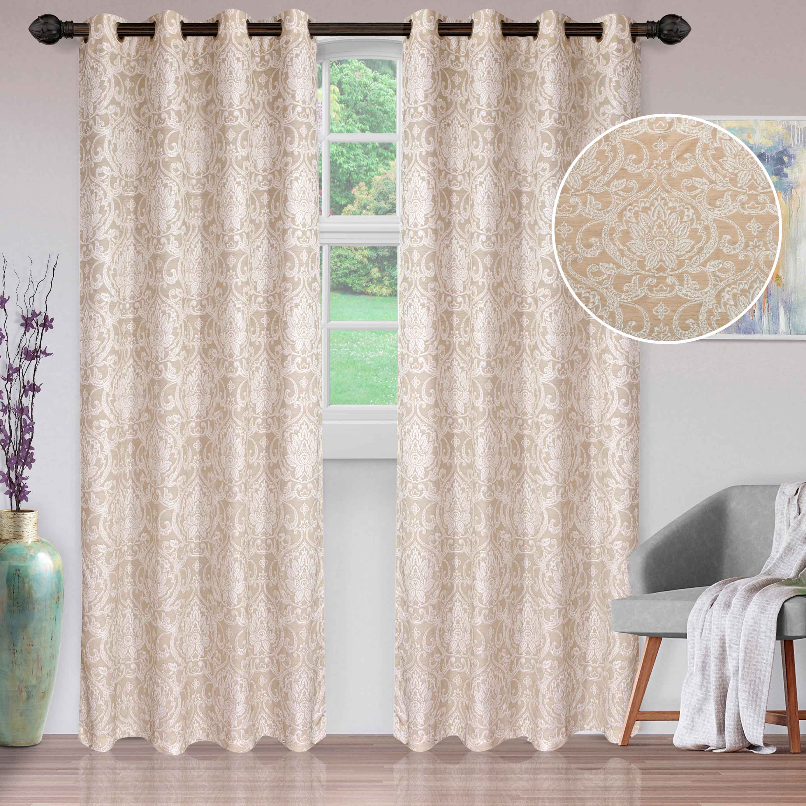 Lotus Jacquard Floral Damask Curtain Set - Elegant Window Treatments for Living Room, Bedroom & Dining Room - Blackout Curtains with Luxury Floral Pattern - Perfect for Home Decor & Light Control