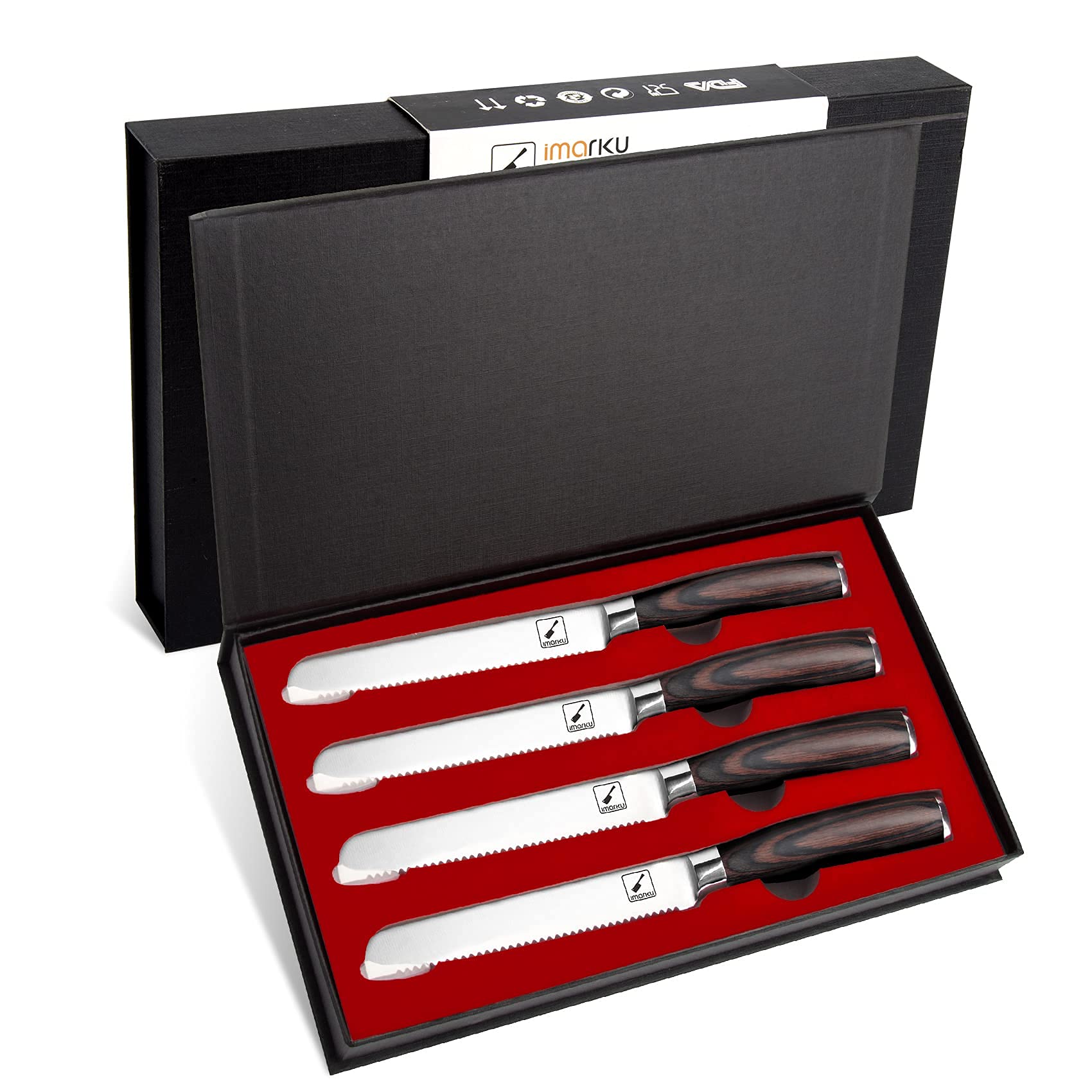 Imarku 5-Inch Serrated Steak Knives Set of 4 - Ultra Sharp German Stainless Steel Knives with Ergonomic Pakkawood Handles, Rust Proof & Dishwasher Safe - Perfect for Steak Dinners, BBQ Parties & Kitchen Gifting (Includes Gift Box)