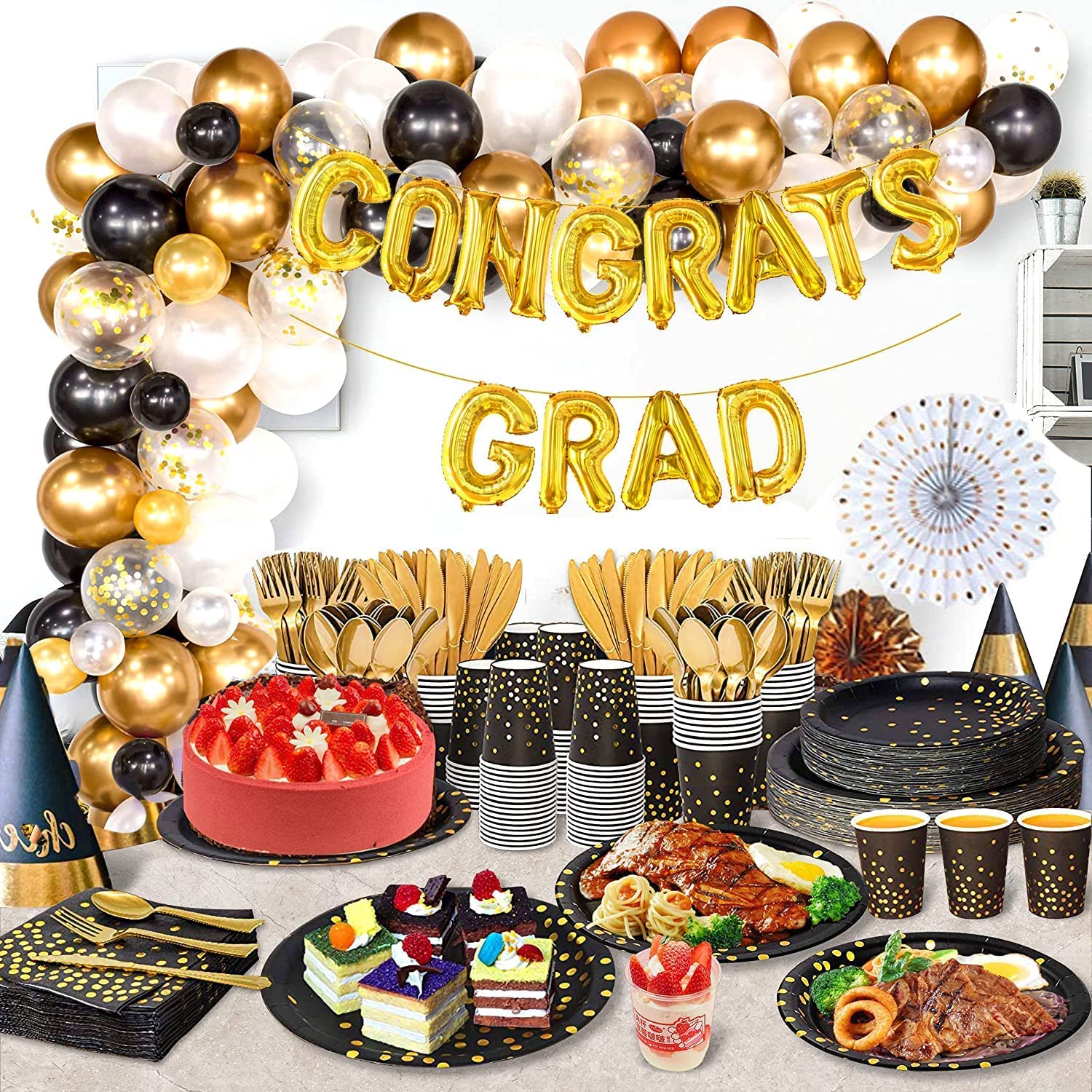 175PCS Black and Gold Party Supplies Set - 25 Guest Disposable Cutlery Kit with Plastic Forks, Knives, Spoons, Paper Plates, Napkins & Cups - Elegant Graduation, Prom, Birthday & New Year Celebration Decorations - Perfect for Dinner Parties, Wedding Receptions & Special Events