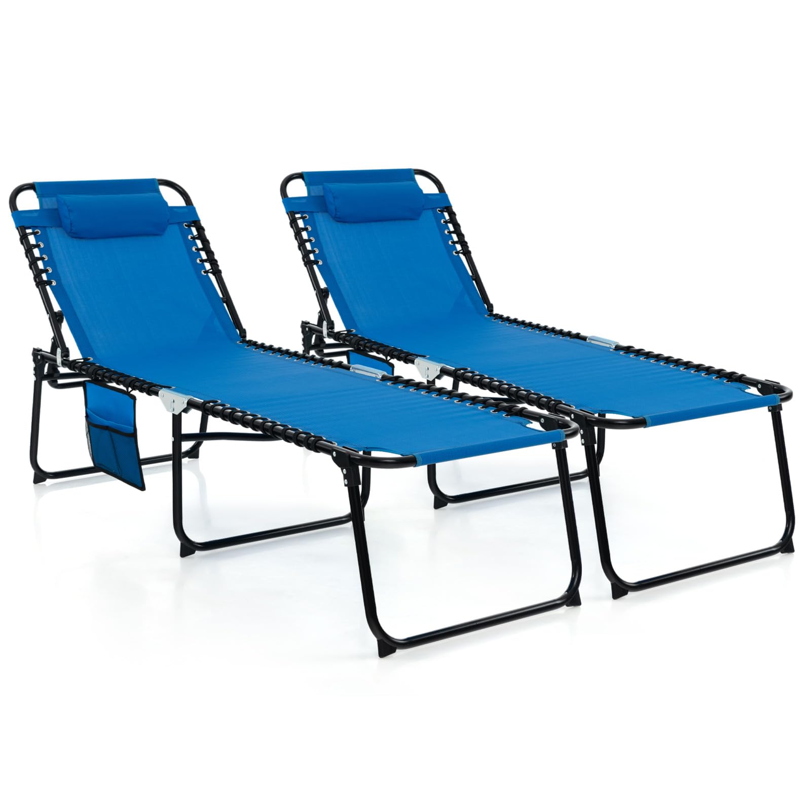 Giantex 2-Pack Folding Patio Lounge Chairs with Headrest - Adjustable Tanning Chairs for Outdoor, 4 Position Settings & Side Pocket - Perfect for Backyard, Poolside, Beach Sunbathing & Camping - Navy Blue