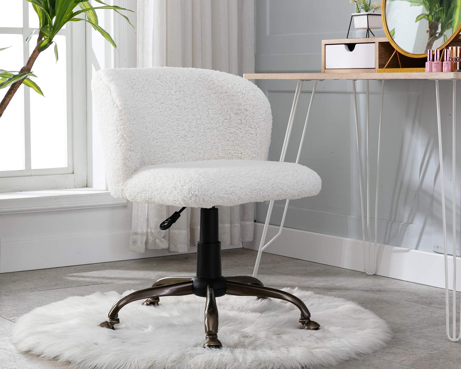 Kmax Retro White Faux Fur Swivel Office Chair - Height Adjustable Desk Chair with Copper-Brown Metal Base for Home Office, Study, Bedroom & Vanity - Perfect for Working, Gaming & Relaxing