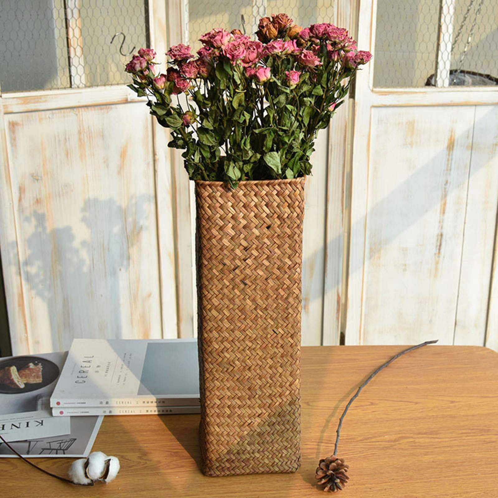 Handwoven Rattan Flower Vase - Natural Bamboo Basket for Home Decor | Tall White Decorative Vase for Flowers, Fruits & Centerpieces | Perfect for Boho, Farmhouse & Coastal Style Living Rooms, Bedrooms & Weddings