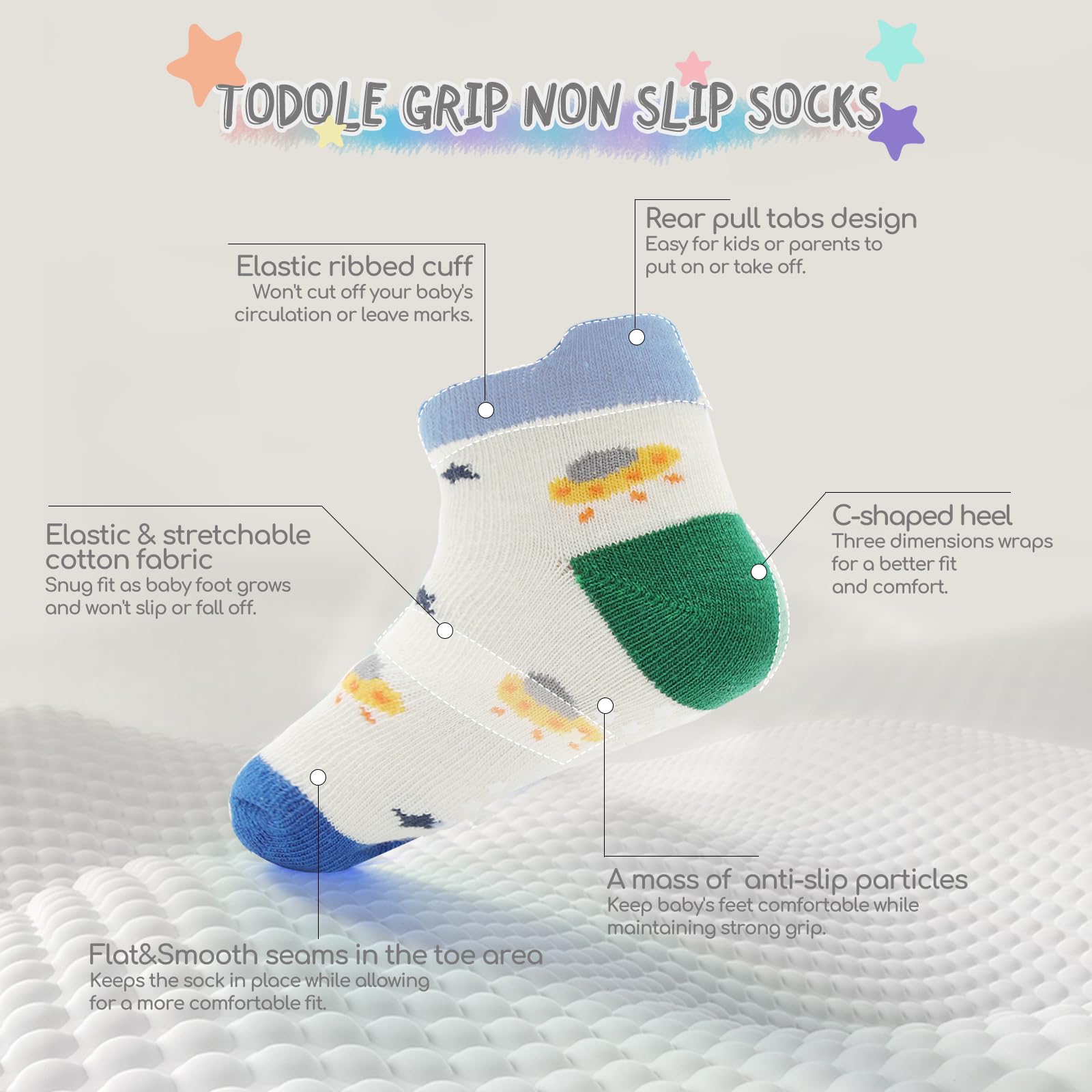 Non-Slip Baby Socks with Grips - 12 Pack Cotton Ankle Socks for Toddlers Boys & Girls - Soft Cute Newborn Socks for Playtime, Daycare & First Steps