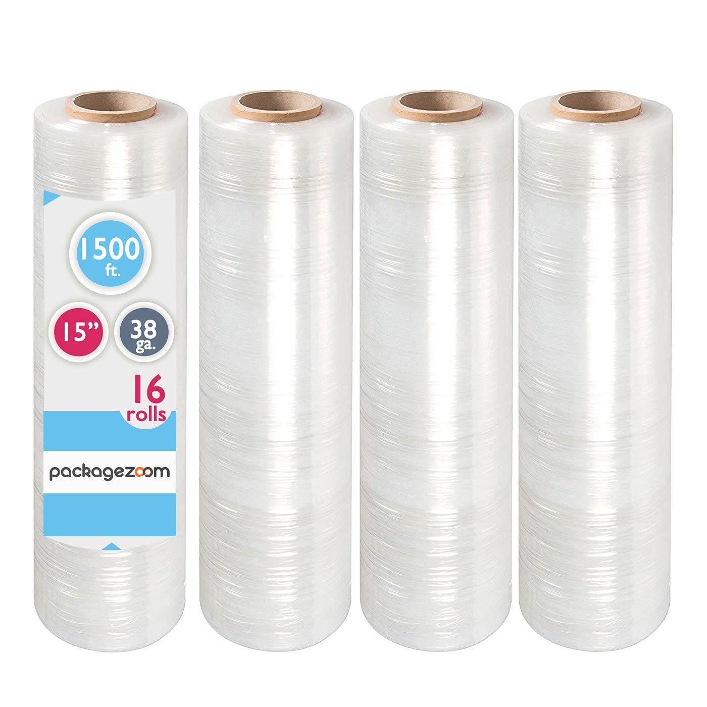 PackageZoom 15” x 1500 ft Pre-Stretched Wrap Film - 38 Gauge Heavy Duty Moving & Packaging Stretch Wrap (16 Packs) - Ideal for Shipping, Storage & Moving Boxes Protection