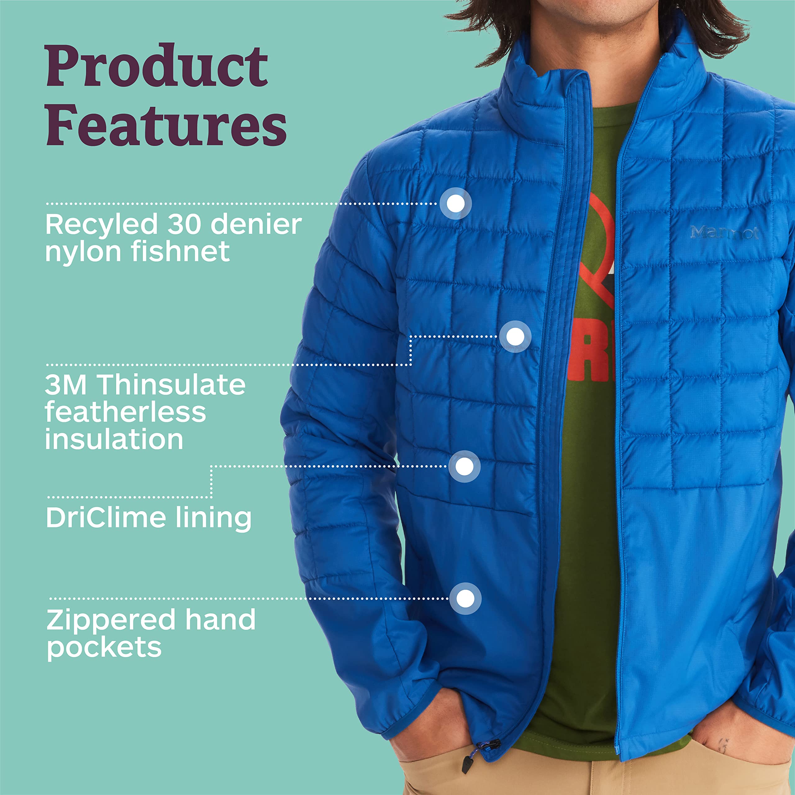 MARMO Men's Echo Featherless Hybrid Jacket - Lightweight Down-Alternative Puffer Coat for Outdoor Hiking, Camping & Winter Travel | Water-Resistant Insulated Jacket for Men