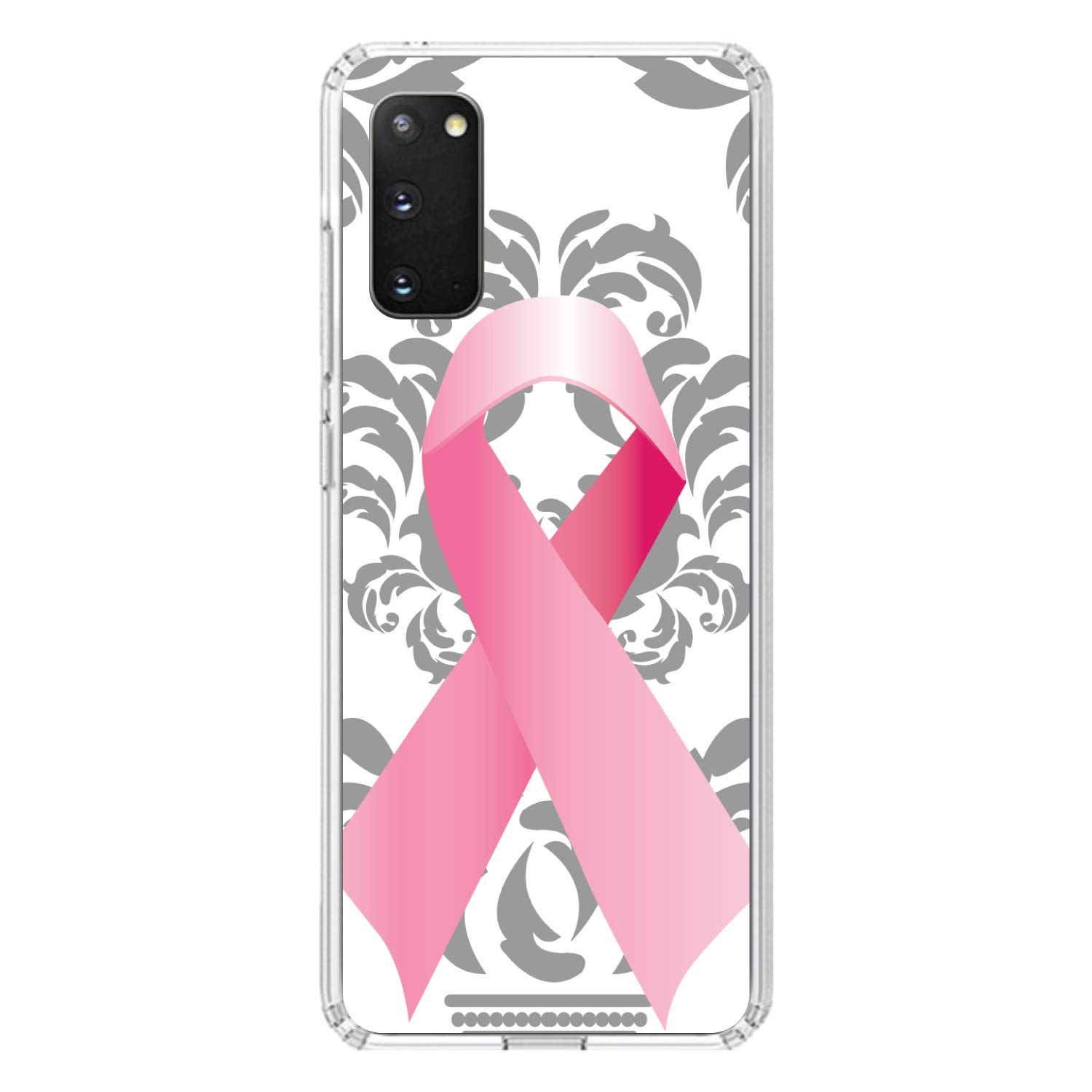 DistinctInk Clear Shockproof Hybrid Case for Samsung Galaxy S20 & S20 5G (6.2 Inch) - TPU Bumper with Acrylic Back & Tempered Glass Screen Protector - Grey Damask Pink Ribbon Design - Breast Cancer Awareness - Perfect for Daily Protection & Style