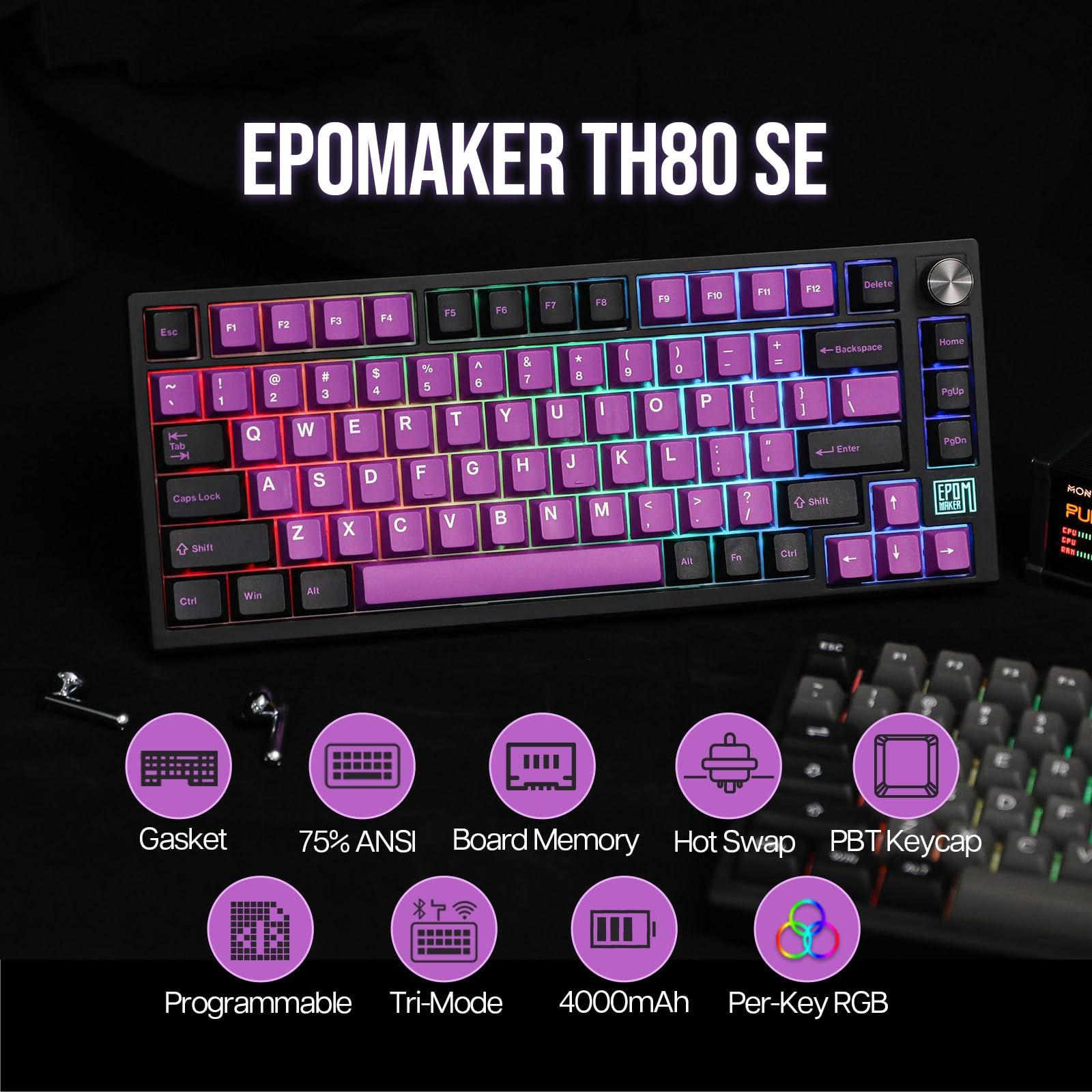 EPOMAKER TH80 SE 75% Gasket Mount Mechanical Keyboard - NKRO, Hot Swappable, RGB Backlit, Triple Mode (Wired/Bluetooth/2.4G) for Gaming - Poron/EVA Foam Dampening, Knob Control - Compatible with Windows/Mac - TH80 SE Black Purple (Gateron Pro Black Switches) - Perfect for Esports, Office Work & Typing Enthusiasts