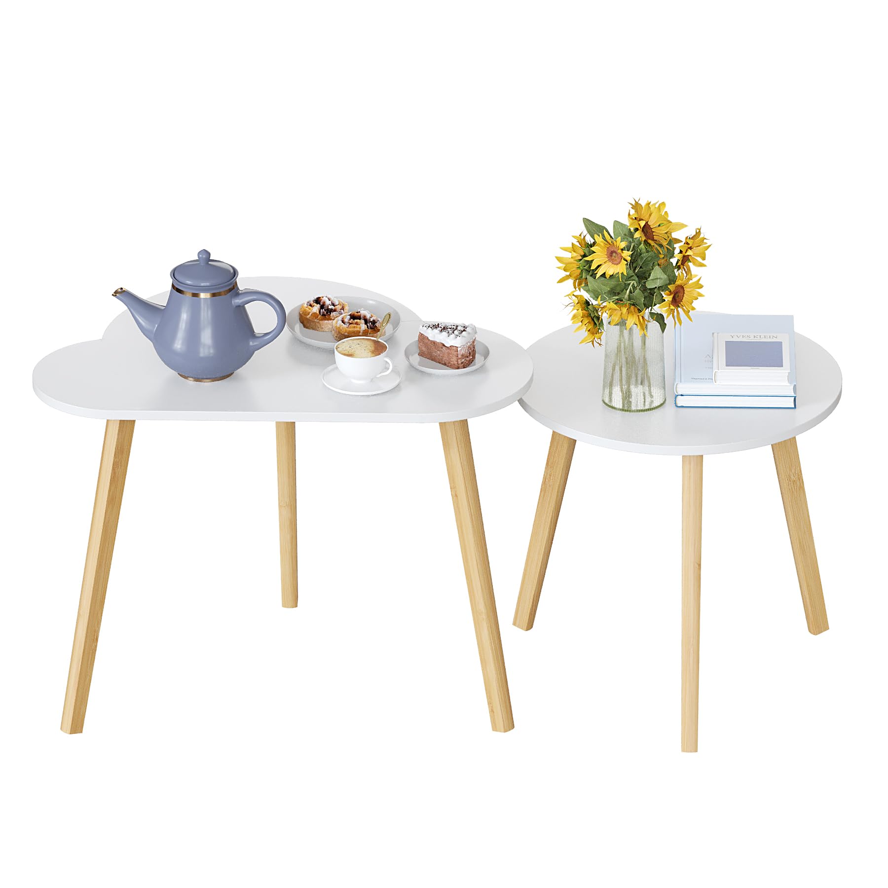 BAMEOS 2-Piece Bamboo Nesting Triangle End Tables - Modern Minimalist Coffee & Side Tables for Living Room, Balcony, Bedroom - Cloud White Finish | Perfect for Small Spaces, Home Decor, and Apartment Furniture